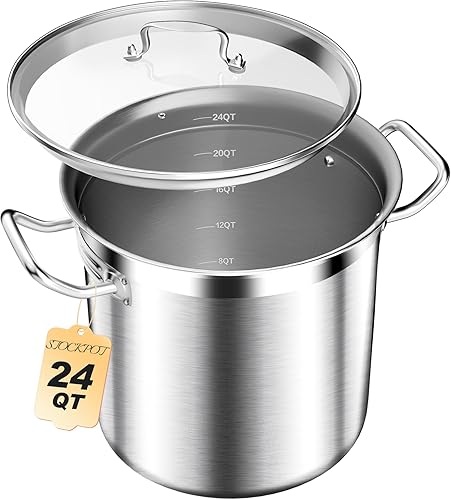Olla de acero inoxidable con tapa, 24 cuartos de galón (6 galones), olla de cocina resistente para sopa, guiso, pasta, uso comercial y doméstico,