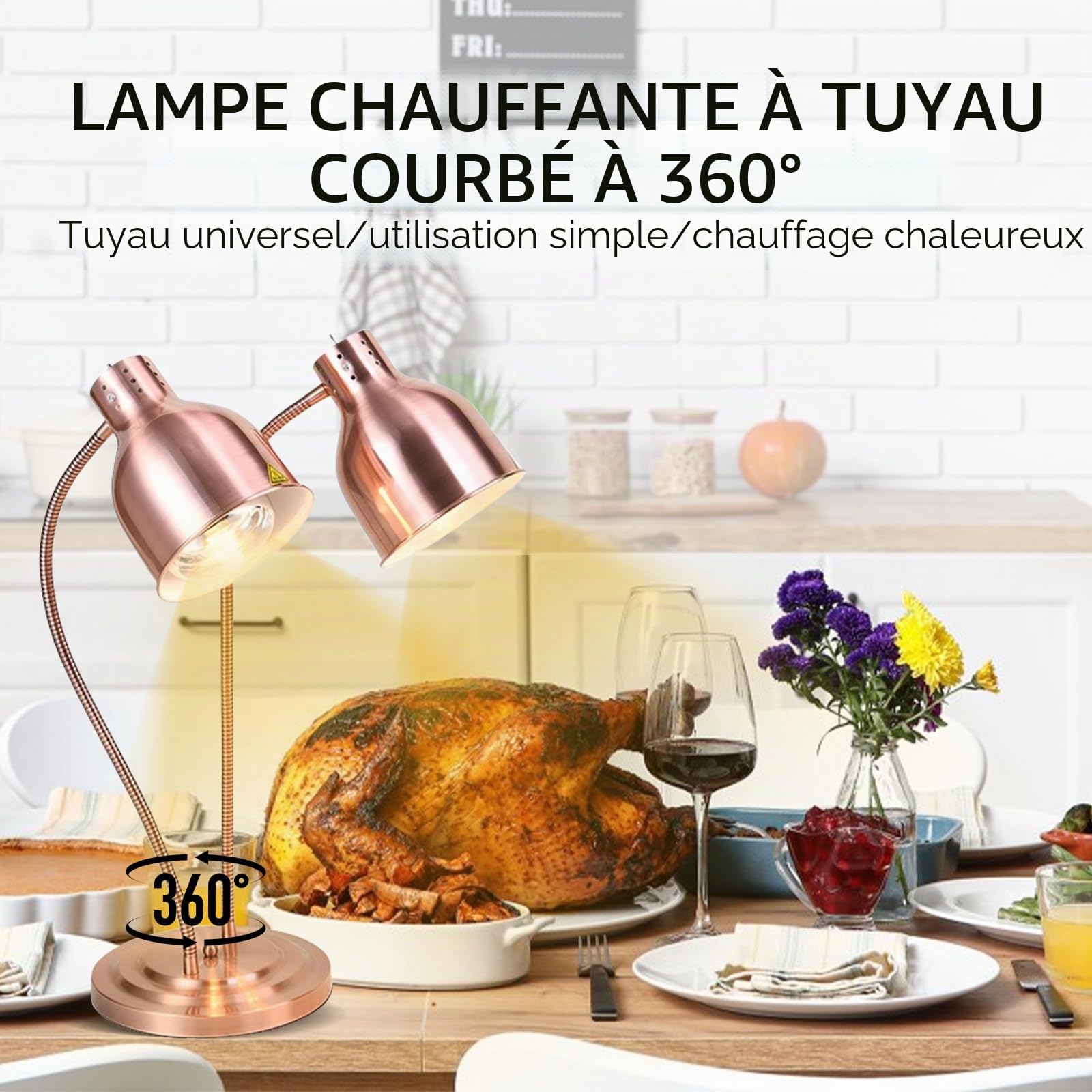 Lampe chauffante de cuisine - 250 W - Lampe infrarouge - Double tête - Autonome - Pour buffets, salle à manger, hôtels, commerciaux, maintien au chaud des aliments (or rose)