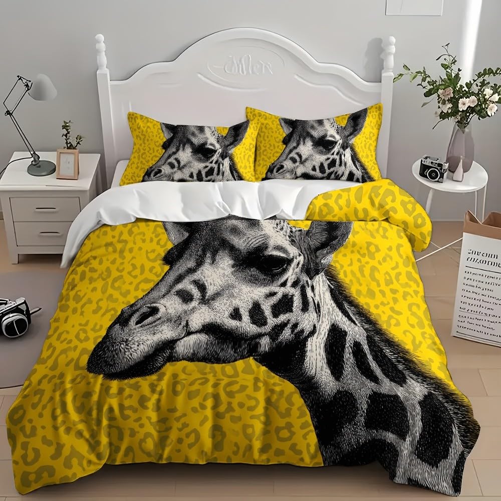 3-częściowy komplet pościeli 200 x 200 cm, żyrafa, kreatywny motyw zwierzęcy, miękka poszewka na kołdrę dla dorosłych, dzieci, żółta poszewka na kołdrę i 2 poszewki na poduszkę 80 x 80 cm, na łóżko