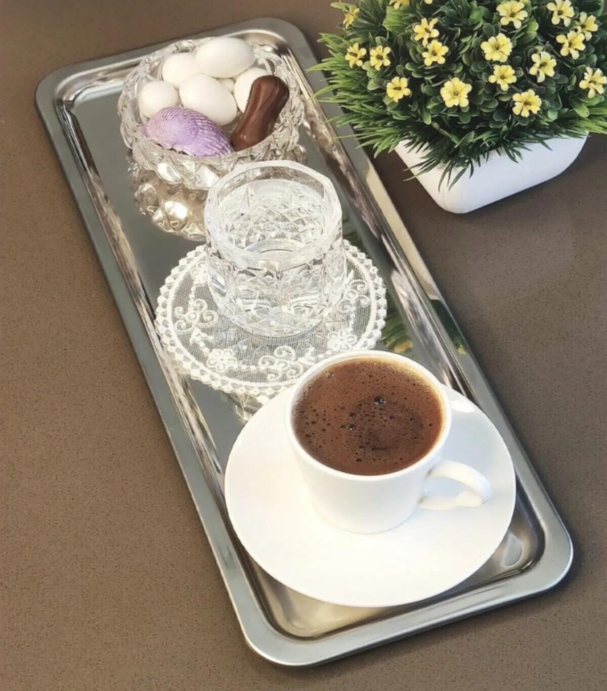 Elegant Stainless Steel Rectangular Serving Tray, Mirror Finish Coffee Tea Platter, Silver, 13 x 5.12 Inch, for Cafe, Home Desserts Long Metal Plate for Café, Home, Gift Bahtroom Tray