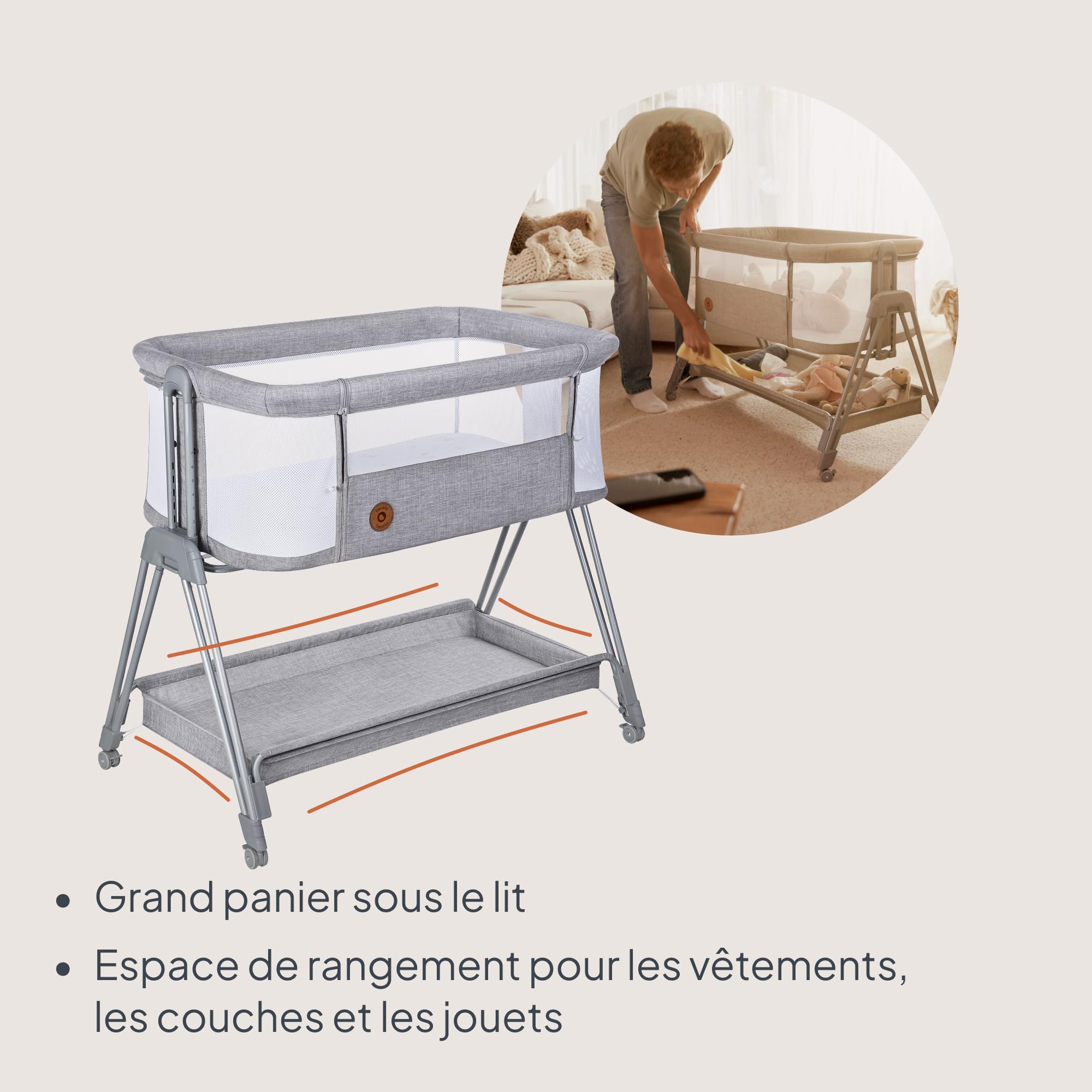 lionelo Luna, lit Bebe indépendant, cododo avec Matelas, co-Sleeping, du Nouveau-né à 9 kg. Hauteur et Inclinaison réglables, 4 Roues avec Blocage, Fixation au lit des Parents, aéré
