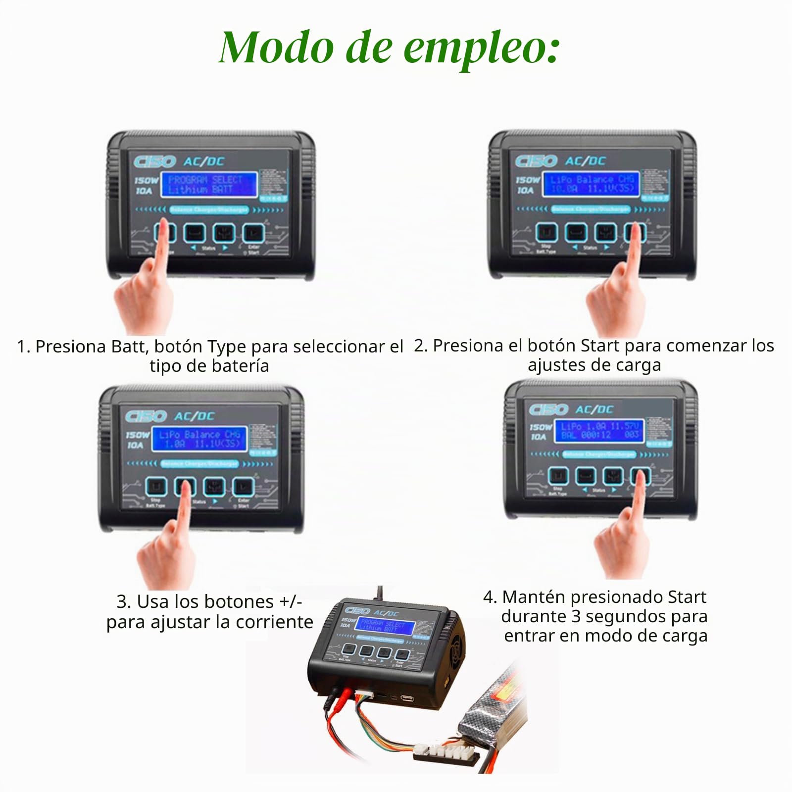 Cargador/descargador Inteligente de baterías de Litio C150 de 150 W y 10 A, Cargador RC para baterías LiPo, Li-Ion, Life, LiHV, NiMH, NiCd y PB, con Control por Pantalla LCD, múltiples interfaces