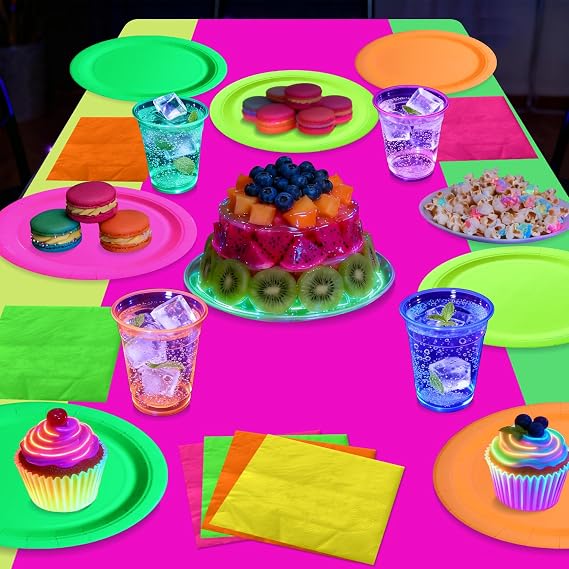 Glow Party Supplies Plates Set for 20 Guests, Including Multi-color Tablecloth, Napkins and Plates for Glow Birthday Decorations Neon Party Decorations