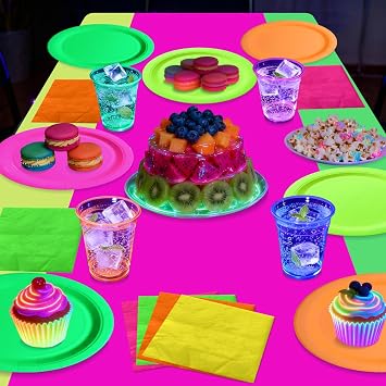 Glow Party Supplies Plates Set for 20 Guests, Including Multi-color Tablecloth, Napkins and Plates for Glow Birthday Decorations Neon Party Decorations