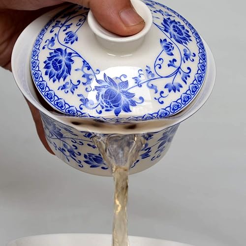 Miniatura 8 de Tazas de té de porcelana chinas de 10 onzas Gaiwan Peony Lotus Flower Tureen Tradition Sancai Cover Bowl Lip Cup Saucer Tea Set (loto azul)