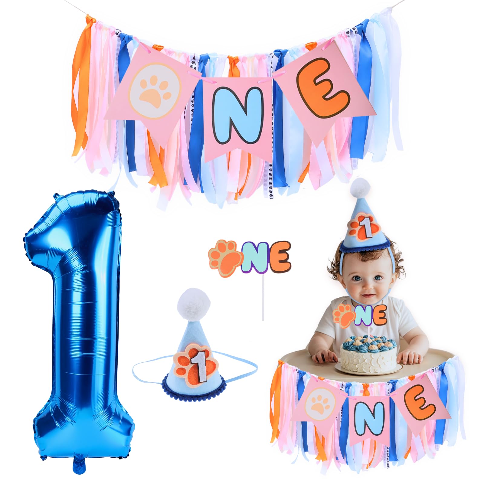 Blue Dog Highchair Banner for First Birthday Party Decorations