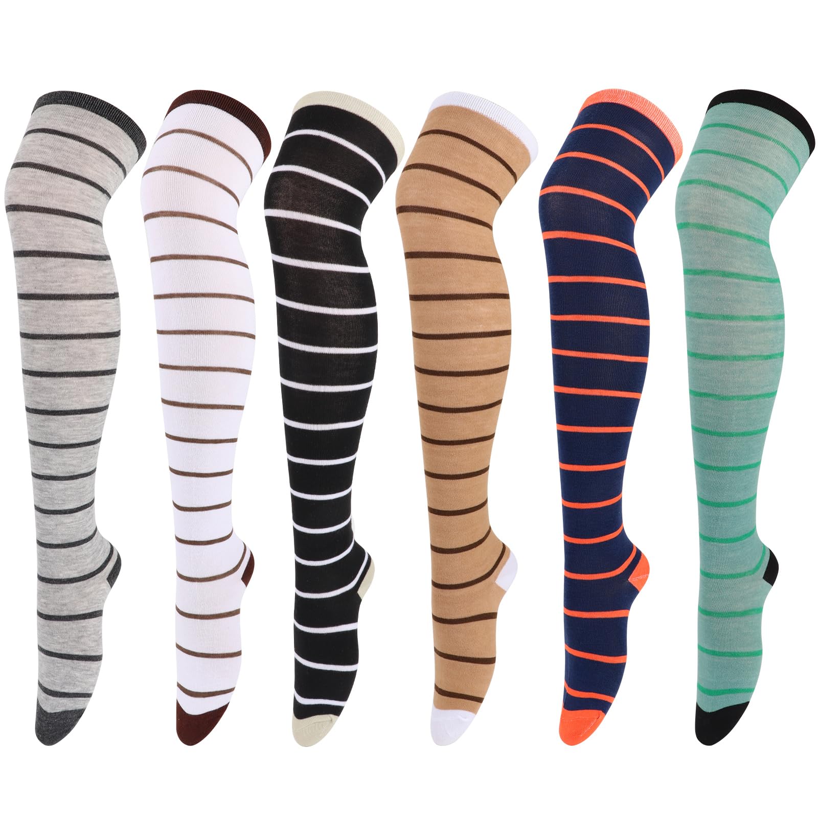 DRESHOW 6 Pares Calcetines Hasta la Rodilla para Mujer, Raya Escuela de Cosplay Casual Sobre la Rodilla Medias Hasta el Muslo Calcetines Largos