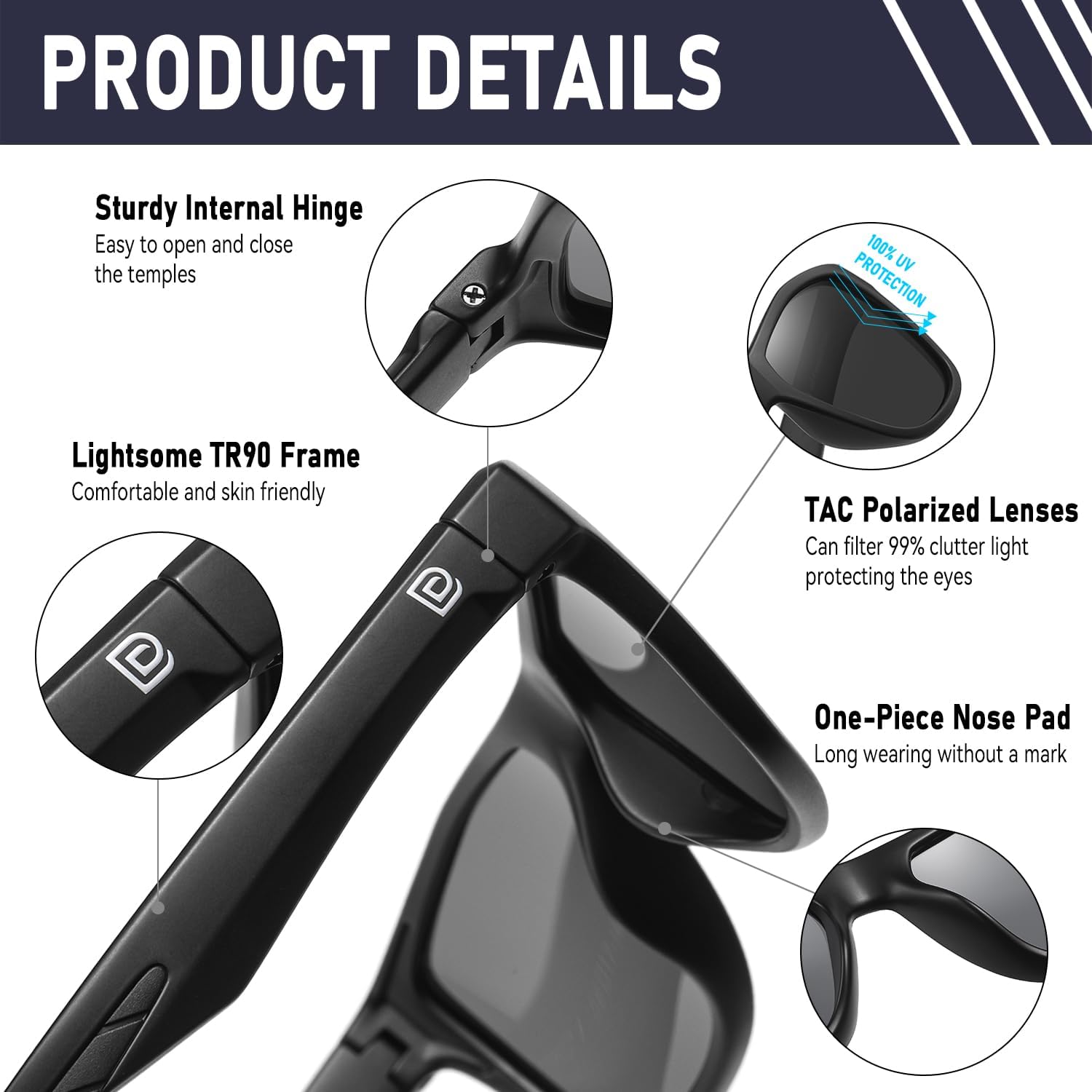 DUCO Polarized Sunglasses for Men Retro Square Shades with UV400 Protection Lightweight for Driving & Running DC6308 (C1 Matte Black Frame Gray Lens)