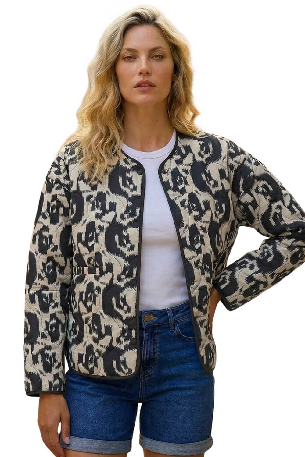 Roman Originals Women's Ivory Floral Print Lining Cotton Quilted Jacket For Uk - Everyday Holiday Spring Summer Round Neckline Comfy Soft Evening Vacation Work Party - Size 12