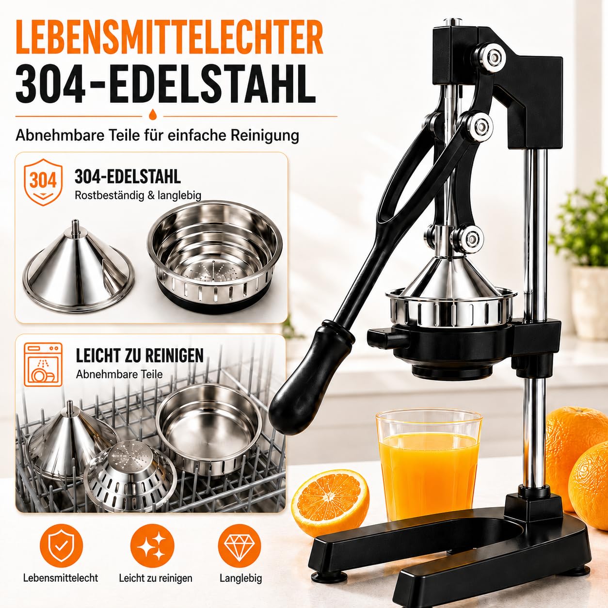 Manuelle Saftpresse Edelstahl 304, 48 cm, mit 2 Pressaufsätzen | Für Orangen, Zitronen, Granatäpfel, Apfel- und Birnenstücke; hoher Auslauf für Becher, stabile Saugfüße