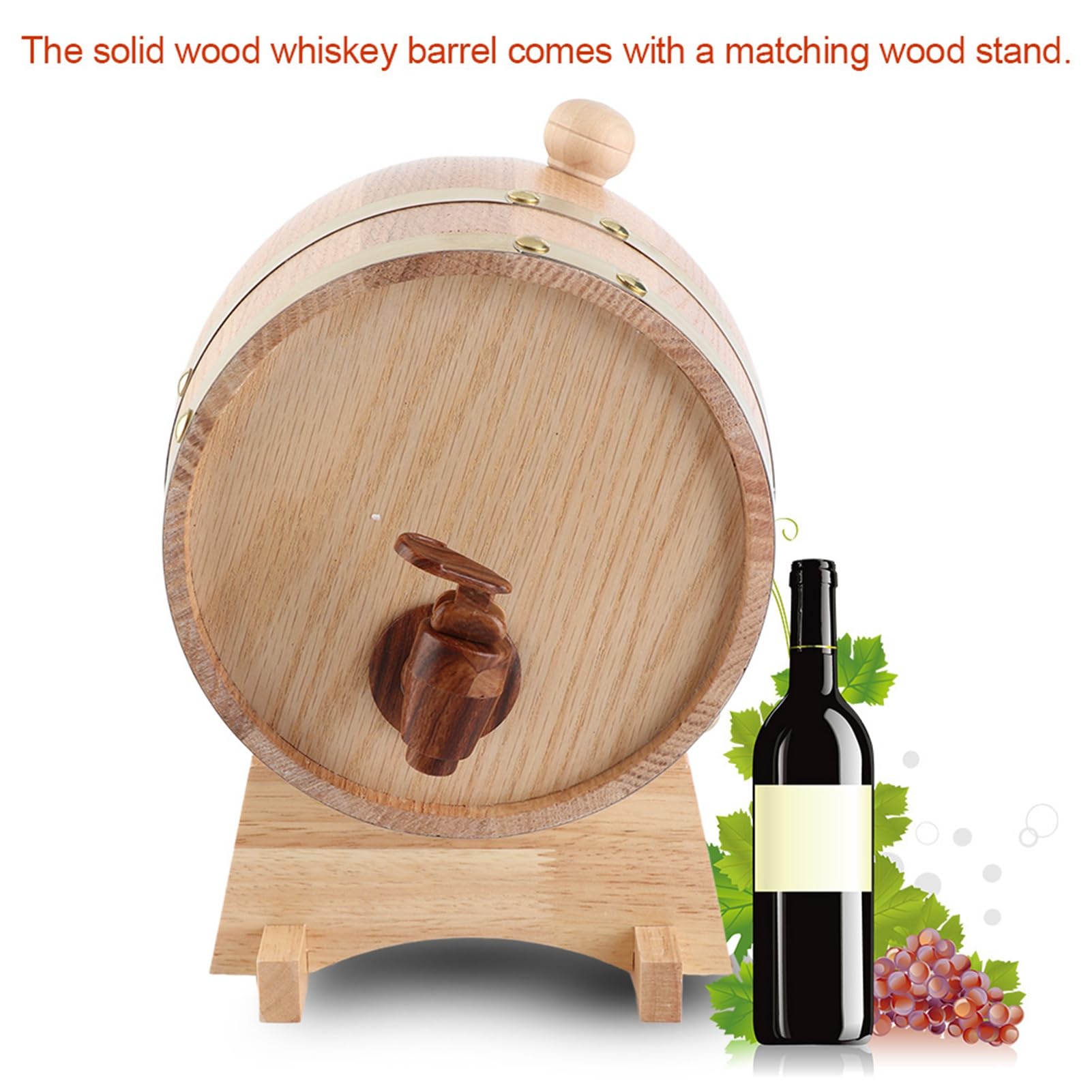 Rengue Botte di Whisky in Quercia da 3 Litri, Dispenser per Vino in Legno Vintage con Supporto per Conservare Vino Whisky Bourbon Tequila Rum