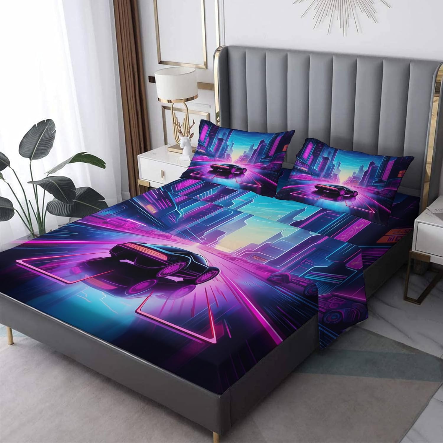 Neon Sports Car Sheets Queen Size - Cityscape Bed Sheets, Soft Microfiber & Deep Pocket & Wrinkle Free Patterned Bedding Sheets & Pillowcases, 4 Piece ( 1 Fitted Sheet, 1 Flat Sheet, 2 Pillow Cases )