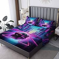 Vista 8 de Juego de sábanas de 5 piezas con estampado de paisaje urbano oceánico, tamaño King dividido, sábanas y fundas de almohada, microfibra suave