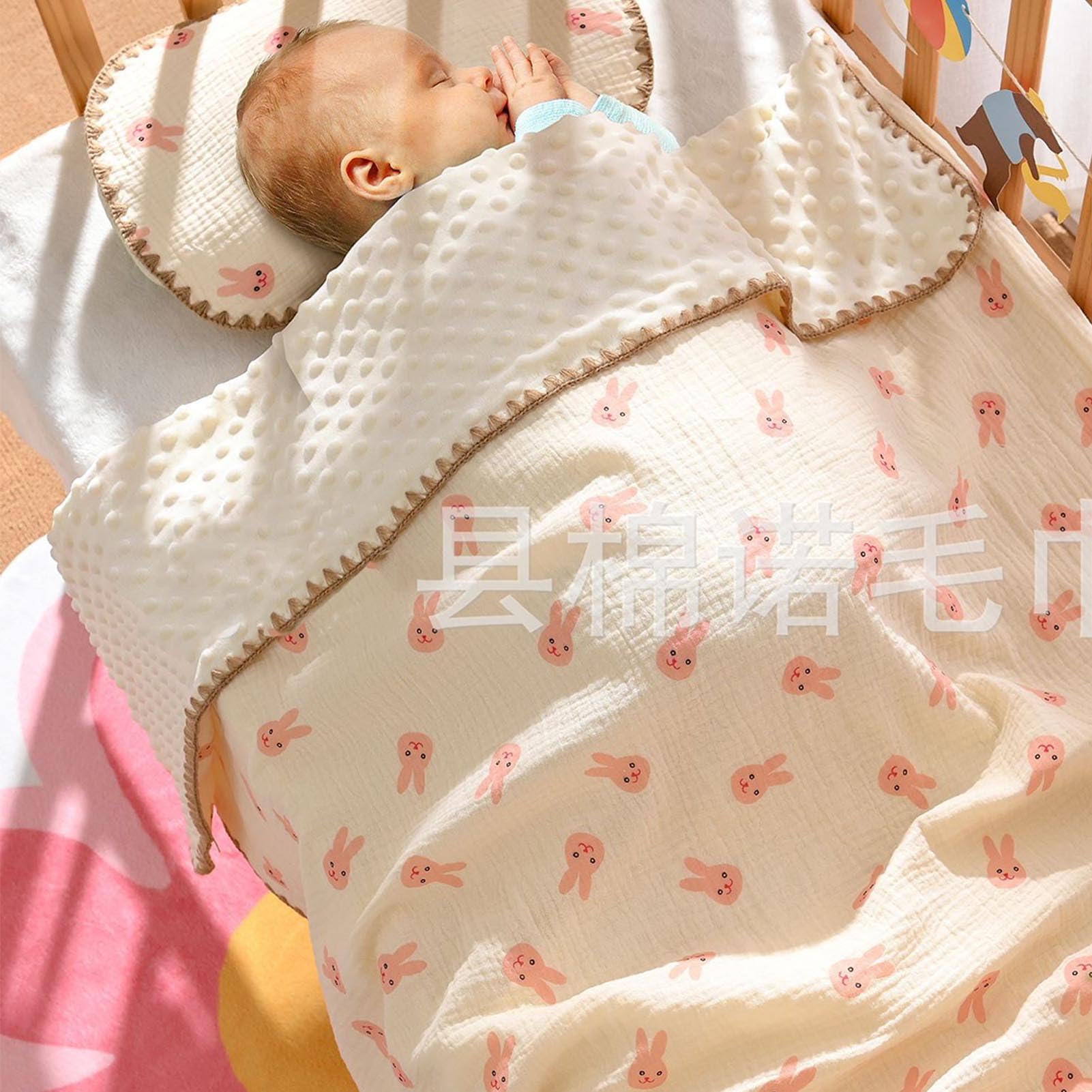 Breathable Soft Summer Cooling Baby Blanket with Cute Printing and Dotted Backing for Kindergarten Toddler (Pink Rabbit)