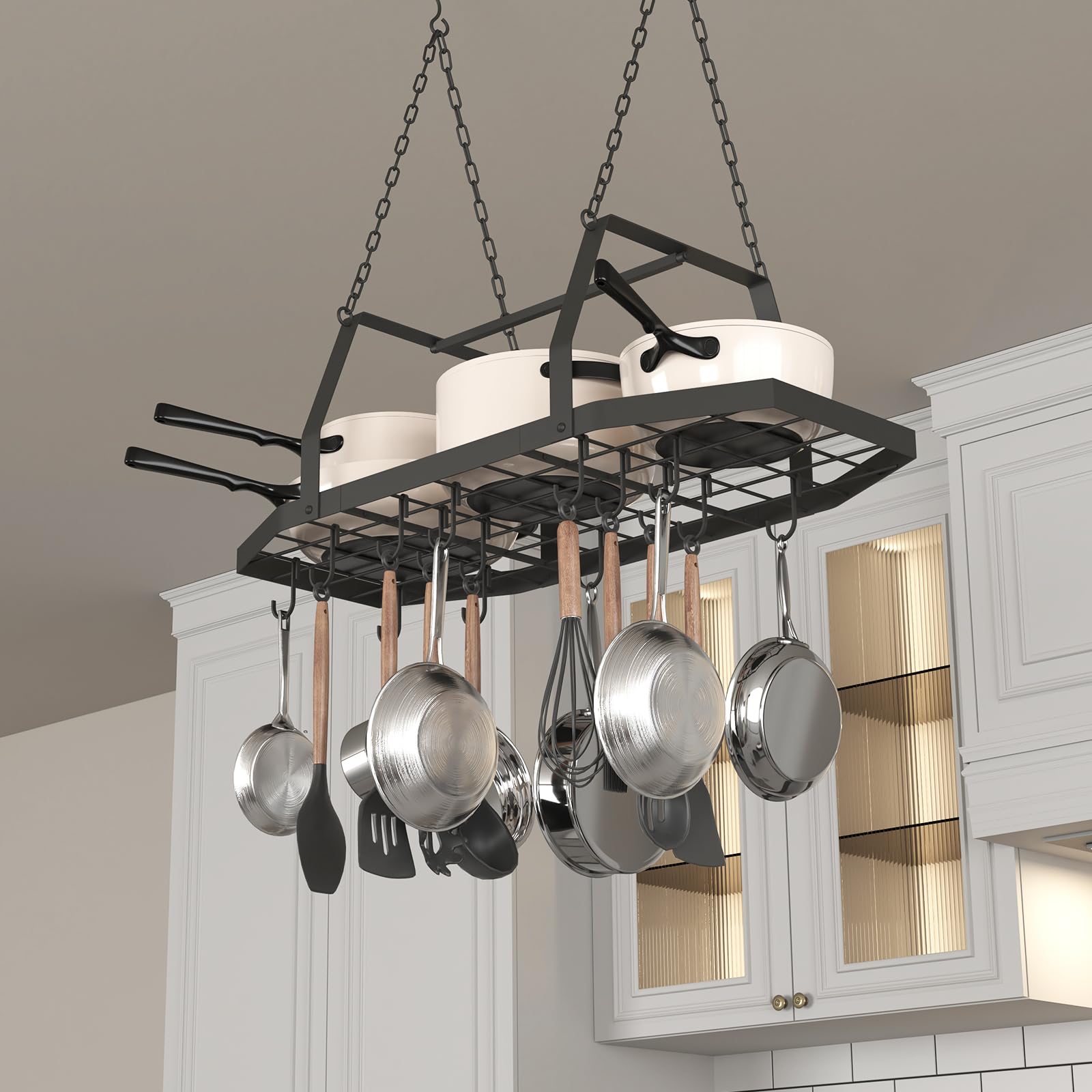 Estante hexagonal para colgar ollas de techo con 15 ganchos | Estante organizador de metal para colgar ollas y sartenes de 34 pulgadas, para utensilios de cocina