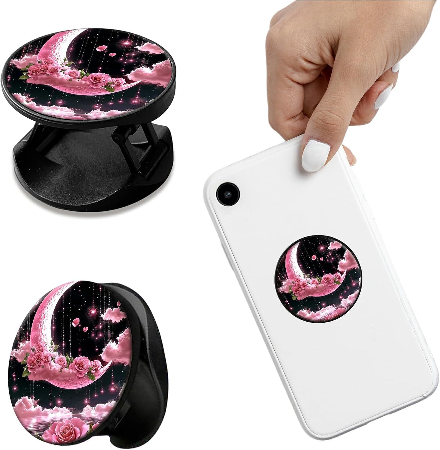 2Pcs Phone Grip Adhesive Cell Phone Grip Stand for Men, Pink Flower Moon