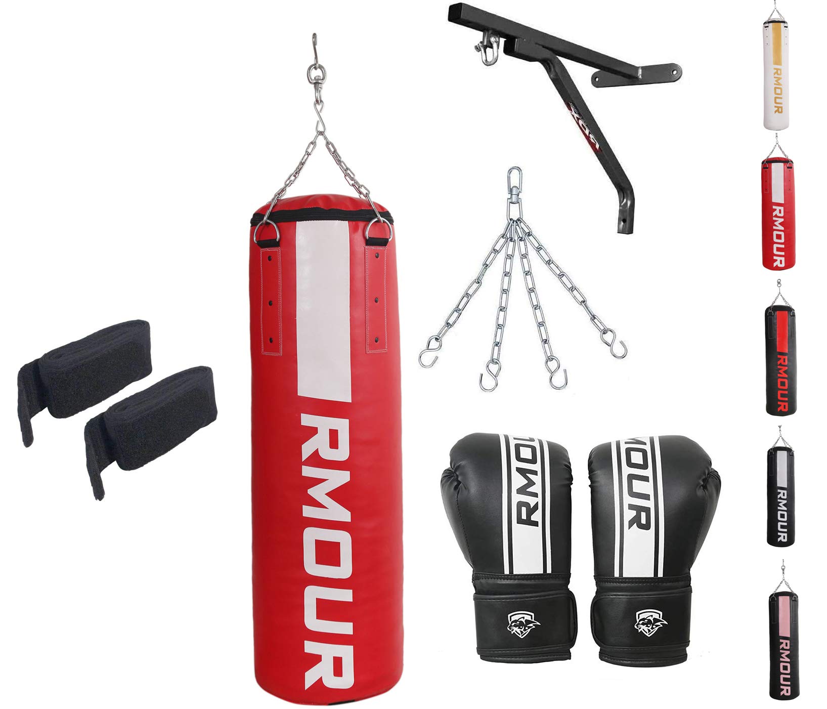 IWIN RMOUR Heavy PU Unfilled MMA Sparring Punching Training Kick Muay Thai Punch Bag with Hanging Chain and Heavy Duty Wall Mounted Stand, Gloves & Hand Wraps (5 Feet- Red White)