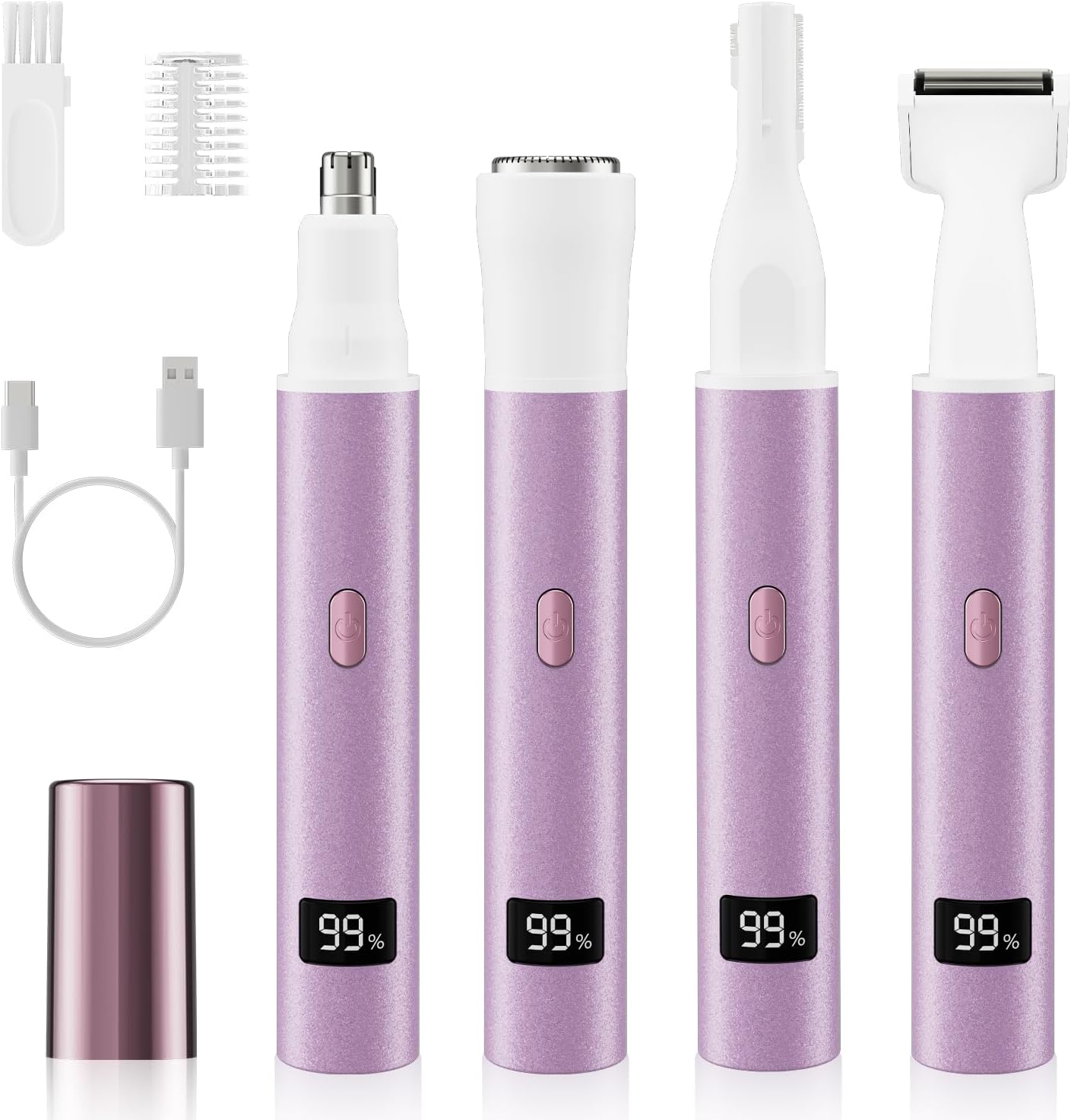 Nose Hair Trimmer for Women, 4-in-1 Electric Eyebrow Trimmer with LED Display, Painless & Waterproof Facial Hair Removal, USB-C Rechargeable Hair Shaver Razor for Nose Ear Eyebrow Peach-Fuzz Lips Chin
