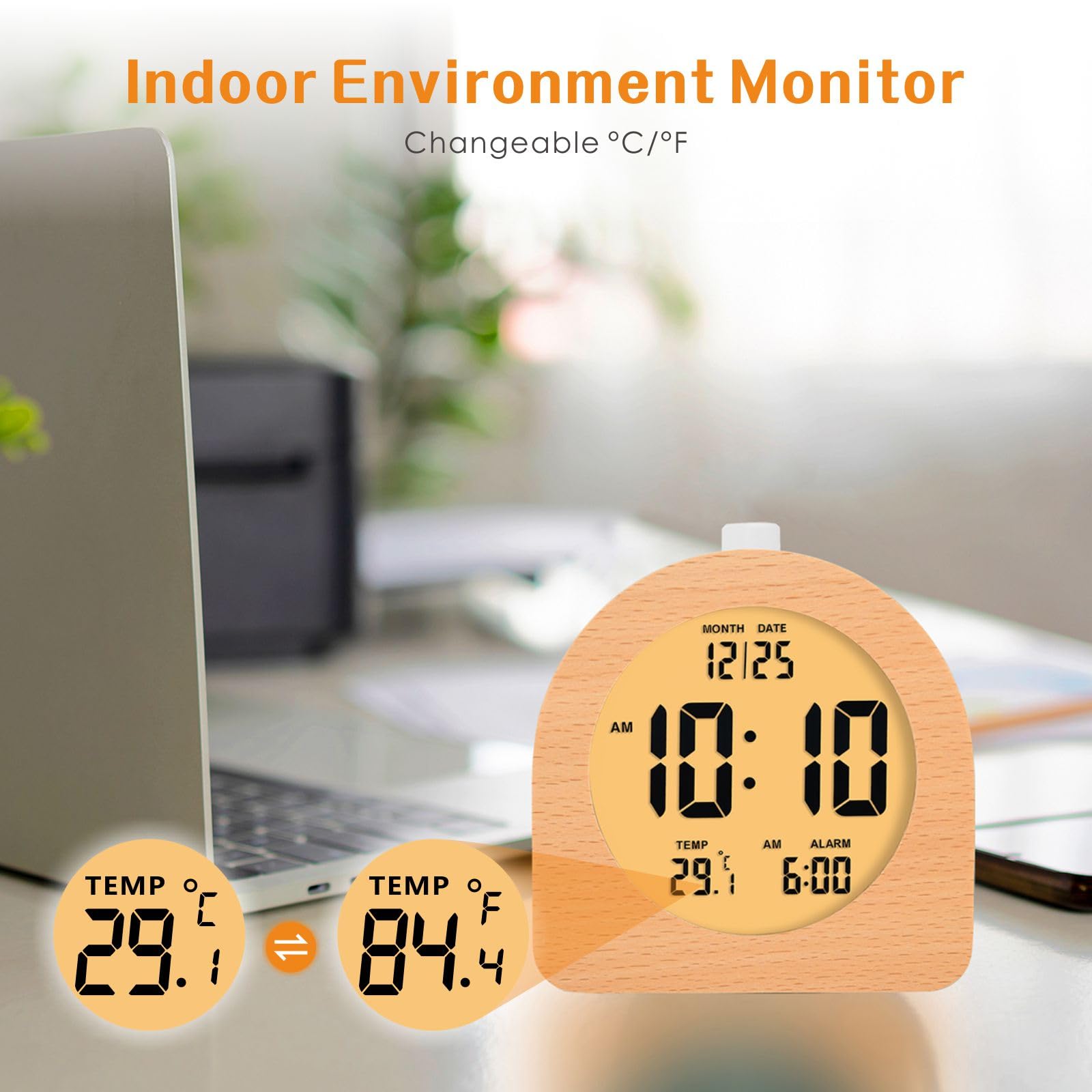 Plumeet Reloj despertador digital de madera para dormitorios, reloj despertador de madera de 4 pulgadas con repetición y luz nocturna, reloj electrónico LCD de escritorio que muestra la hora, fecha,