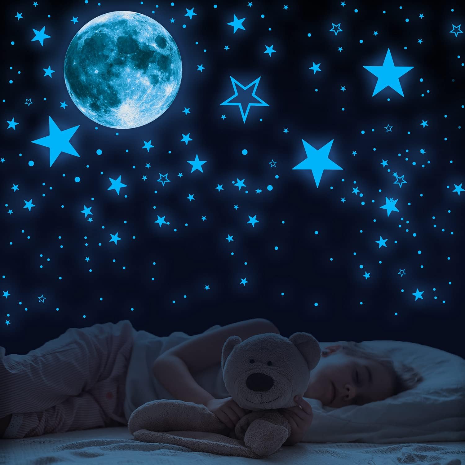 4M Glow In The Dark Large Moon And Stars Set - 1 Moon & 12 Stars, Foam Stickers For Kids Room