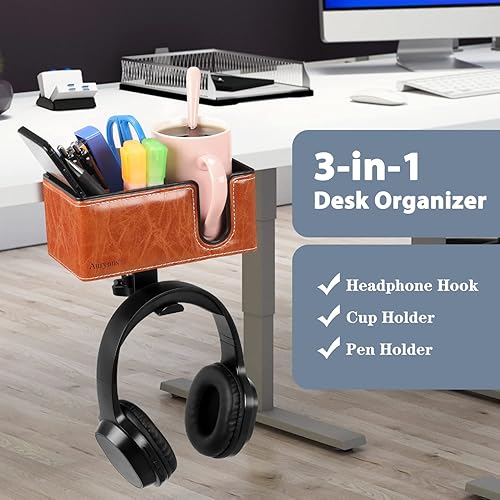 Miniatura 2 de Aurynns Soporte para tazas de escritorio con clip para bolígrafo, soporte para auriculares, gancho giratorio de abrazadera debajo del escritorio