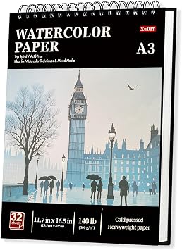 A3 Watercolour Paper Pad, 32 Sheets 64 Pages, 300GSM 140LB Cold-Press, Natural White, Spiral-Bound A3 Sketchbook, Drawing Pad, Mixed Media Paper   Suitable for Beginners & Hobbyists