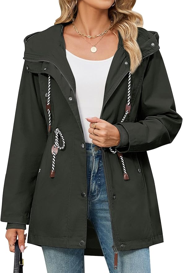 Vancavoo Overgangsjas voor dames, outdoor, korte jas, lente, elegant, voorjaarsjas, lichte gevoerde winterjas, katoenen parka met capuchon met trekkoord, voor lente, zomer, herfst, Donkerblauw, XXL