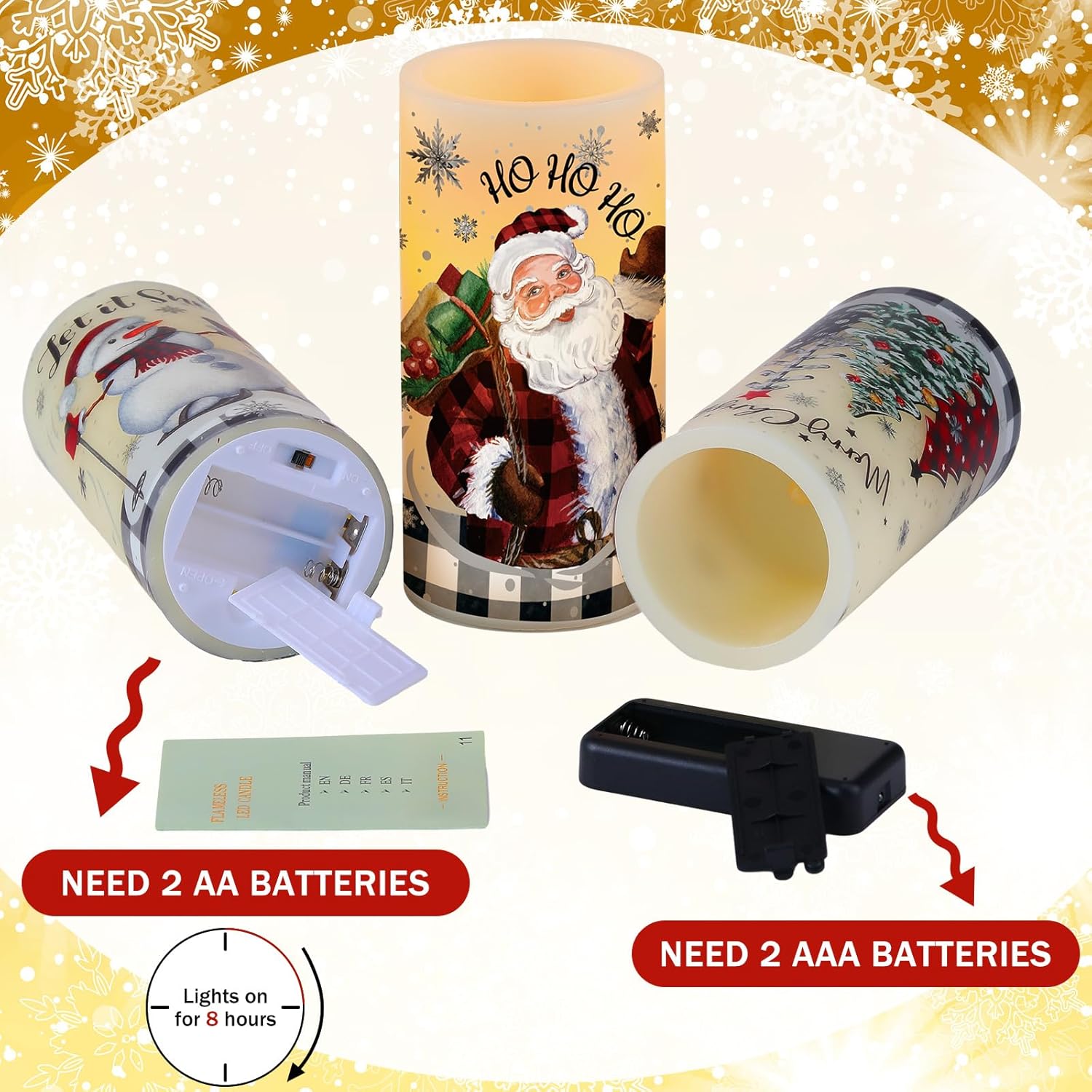 Retisee 3 Pcs Christmas Flameless Candles with Remote Timer Real Wax LED Flickering Pillar Candle White Cold Light Battery Operated for Home Window Xmas Gift Winter Holiday Decor(Buffalo Plaid)