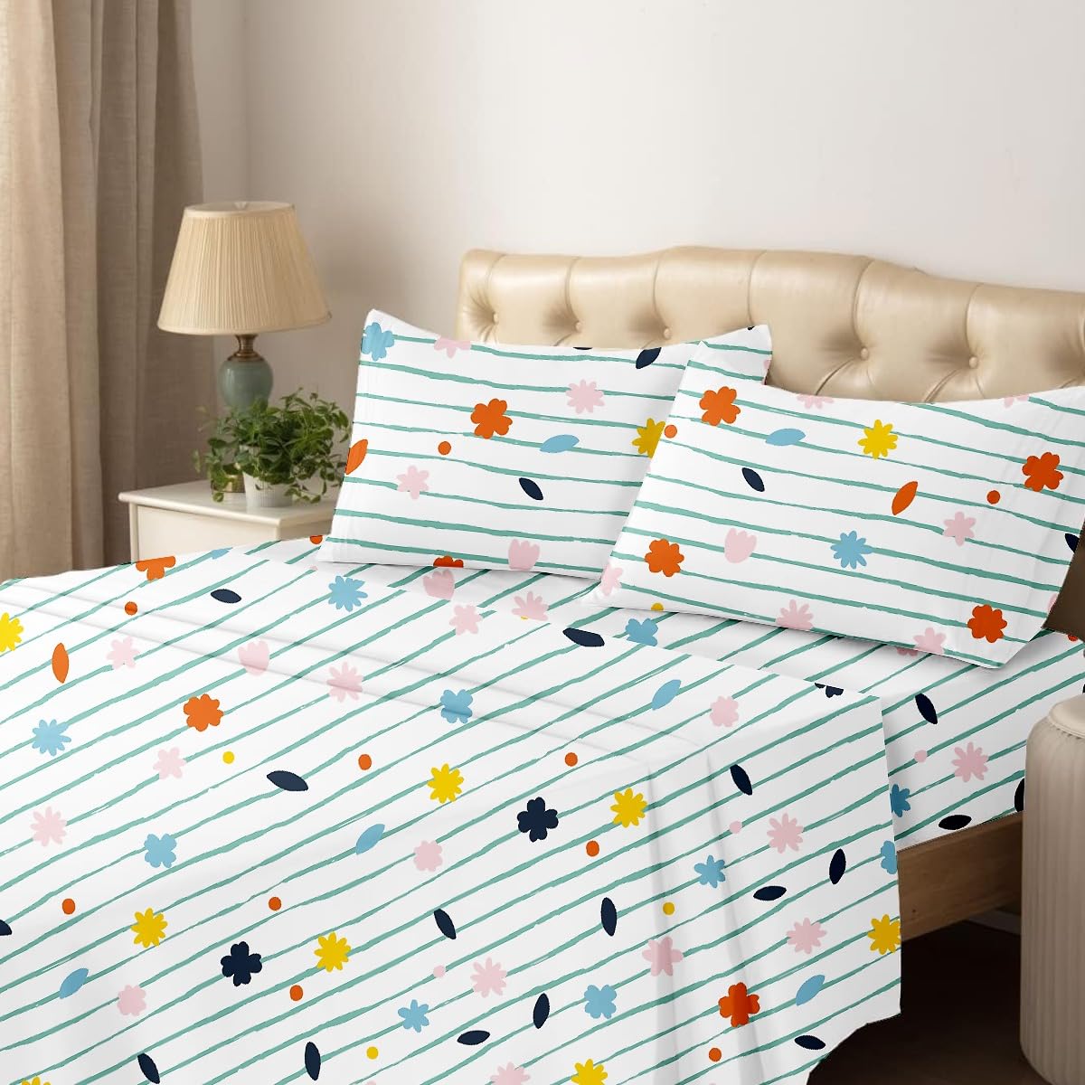 King Size Bedsheet 108x108 Inches, 100% Microfiber with 2 Pillow Covers, Soft Breathable, Wrinkle-Free, Ray of Flowers Design