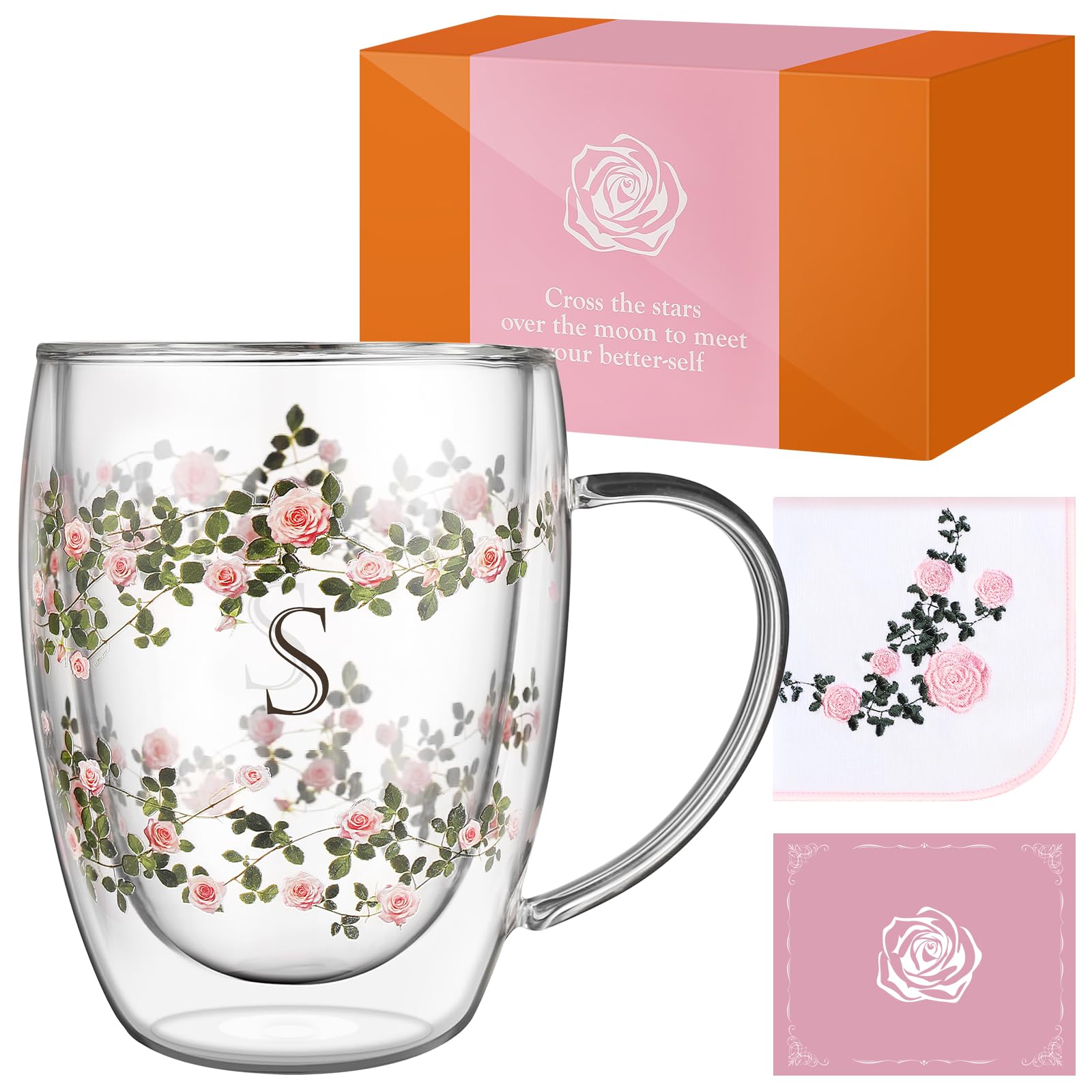Coffee Cup Birthday Gift for Women Double Wall Glass "Eden Rose" Personalized Initial Heat and Cold Retention With Handle Stylish Floral Pattern Hand Towel Included Message Card Included Gift Box : Ho