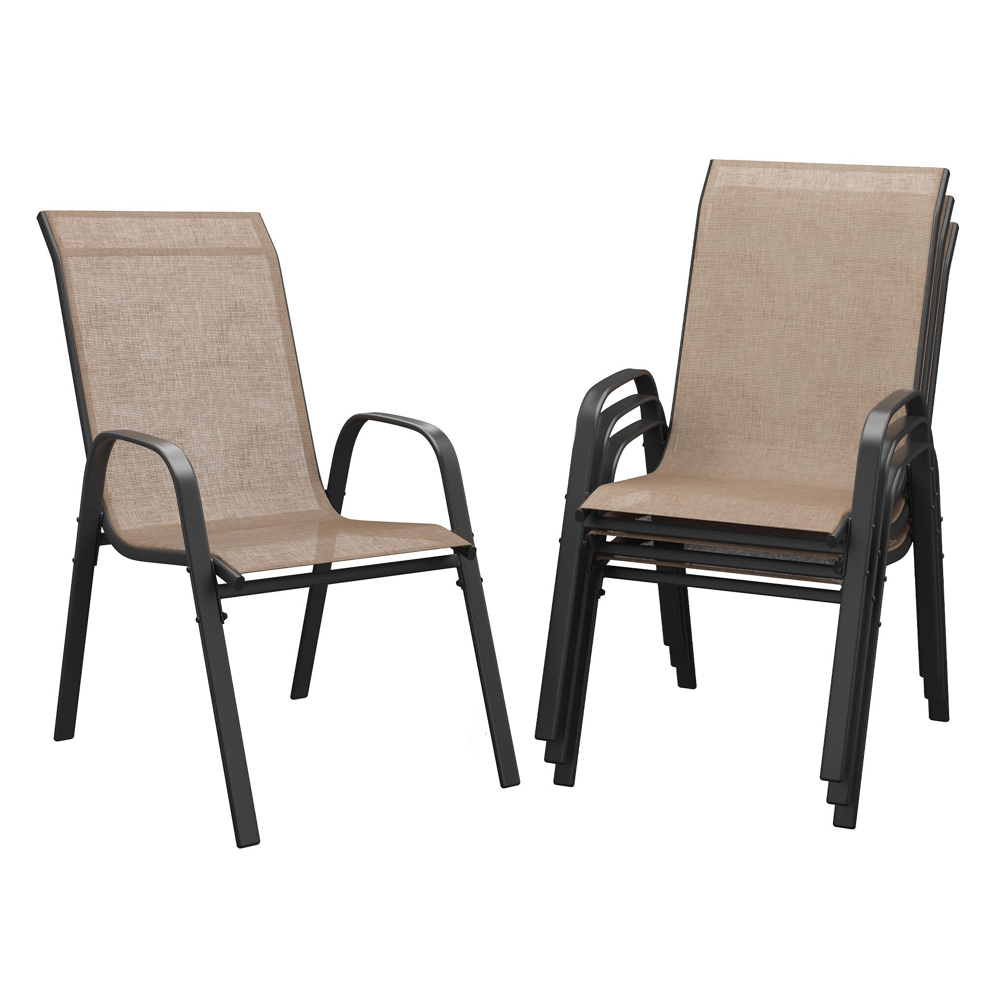 DIFY Patio Chairs Set of 4, Stackable Outdoor Dining Chairs Set with Breathable Textilene High Back and All-Weather Metal Frame for Garden, Backyard, Deck, Brwon