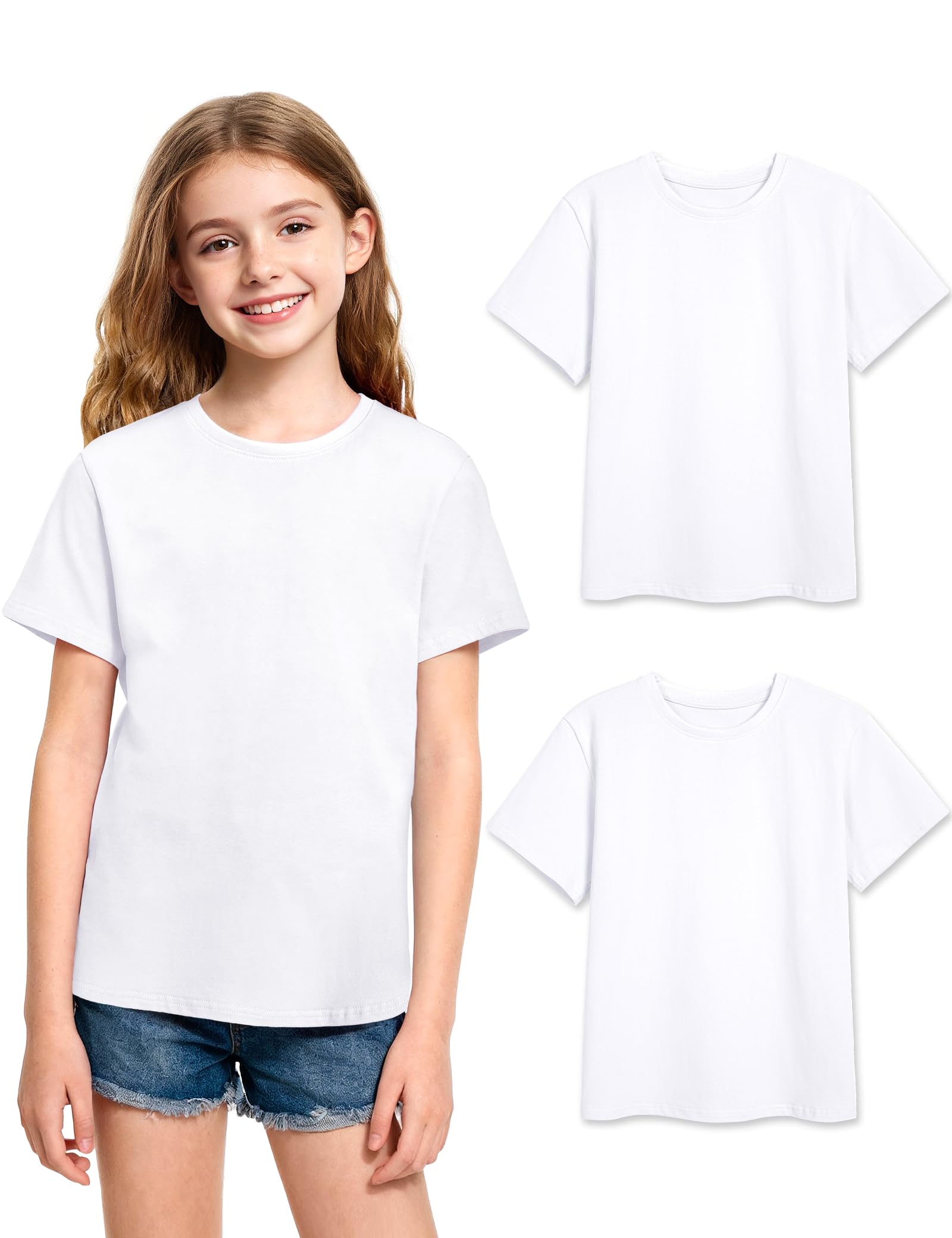 KEREDA Mädchen T-Shirt Sport Kurzarm Tops Kinder Sommer Shirts Einfarbige Rundhals Casual Tees Teenager Basic Oberteile 2er-Pack 7-14 Jahre