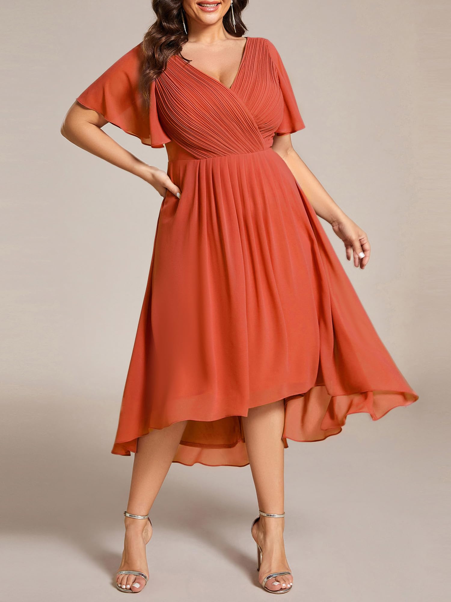 Ever-Pretty Donna Una Linea Increspato Scollo A V Maniche Corte Al Ginocchio Plus Size Abiti da sposa per le donne Curvy 01923-DA, Arancione bruciato., 50