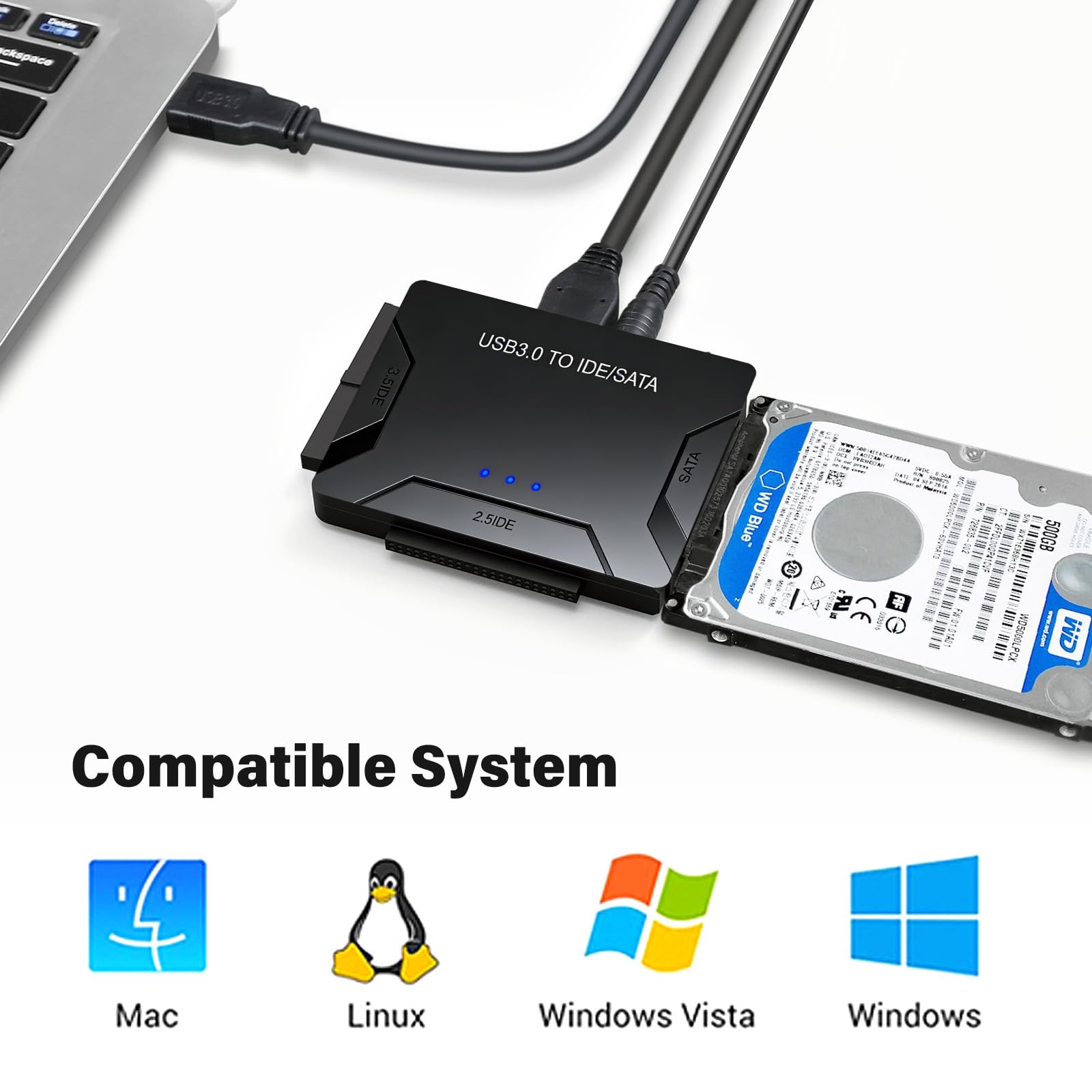 Leikurvo Adattatore USB 3.0 a SATA IDE per dischi rigidi SATA da 2,5/3,5 pollici, adattatore per disco rigido esterno con cavo USB+cavo SAT A+alimentatore da 12 V/2 A per Windows 10/8/7/XP/Mac
