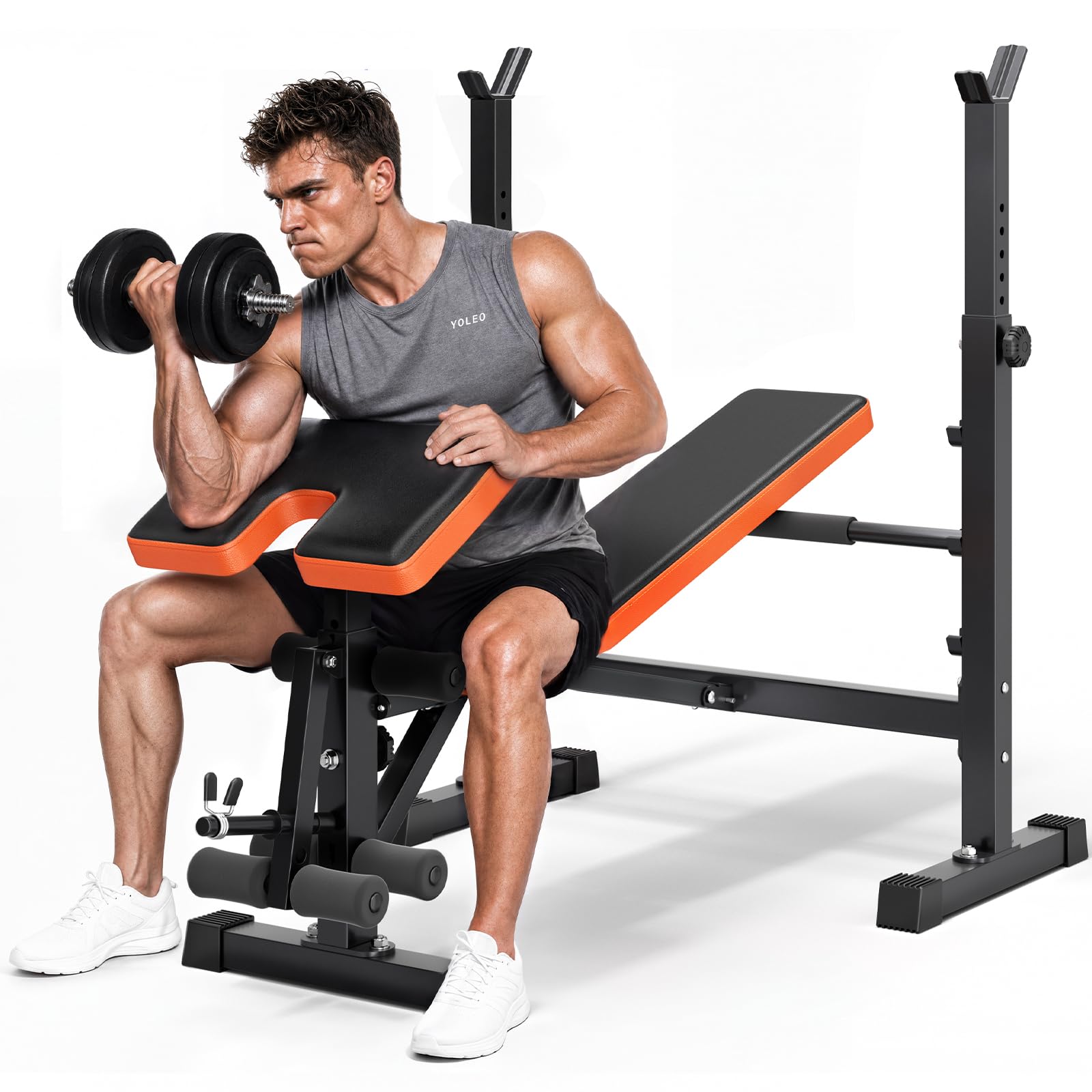 6 in 1 Weight Bench Set for Home Gym, Adjustable & Foldable Weight Bench, Workout Bench with Squat Rack for Bench Press Sit up Incline Flat Decline