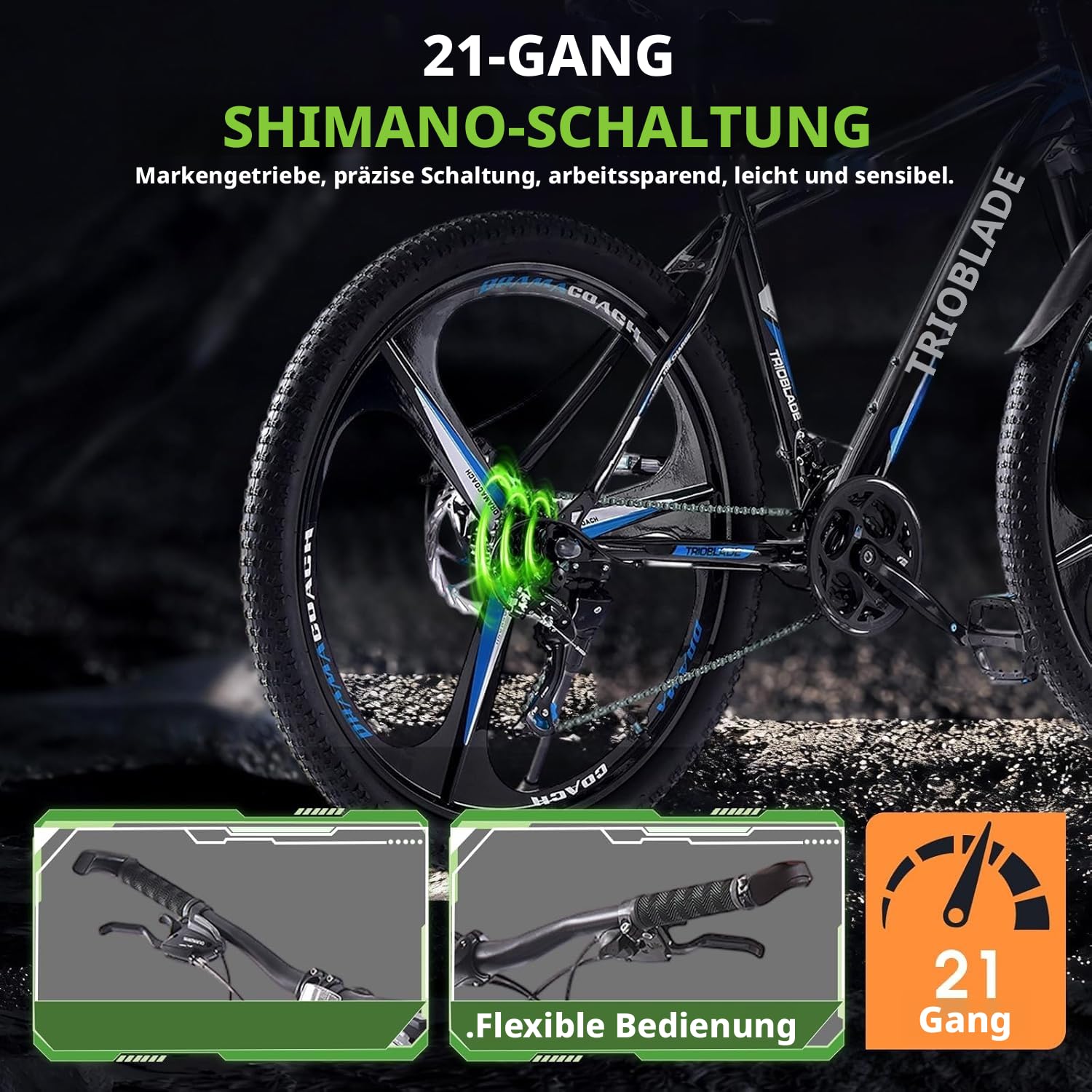 LSLIFE Mountainbike, 21-Gang-Getriebe, Scheibenbremse, Vollständig verstellbare Federung, Aluminiumrahmen, Verriegelungsgriff, Allgemeine Doppelscheibenbremse für Männer und Frauen