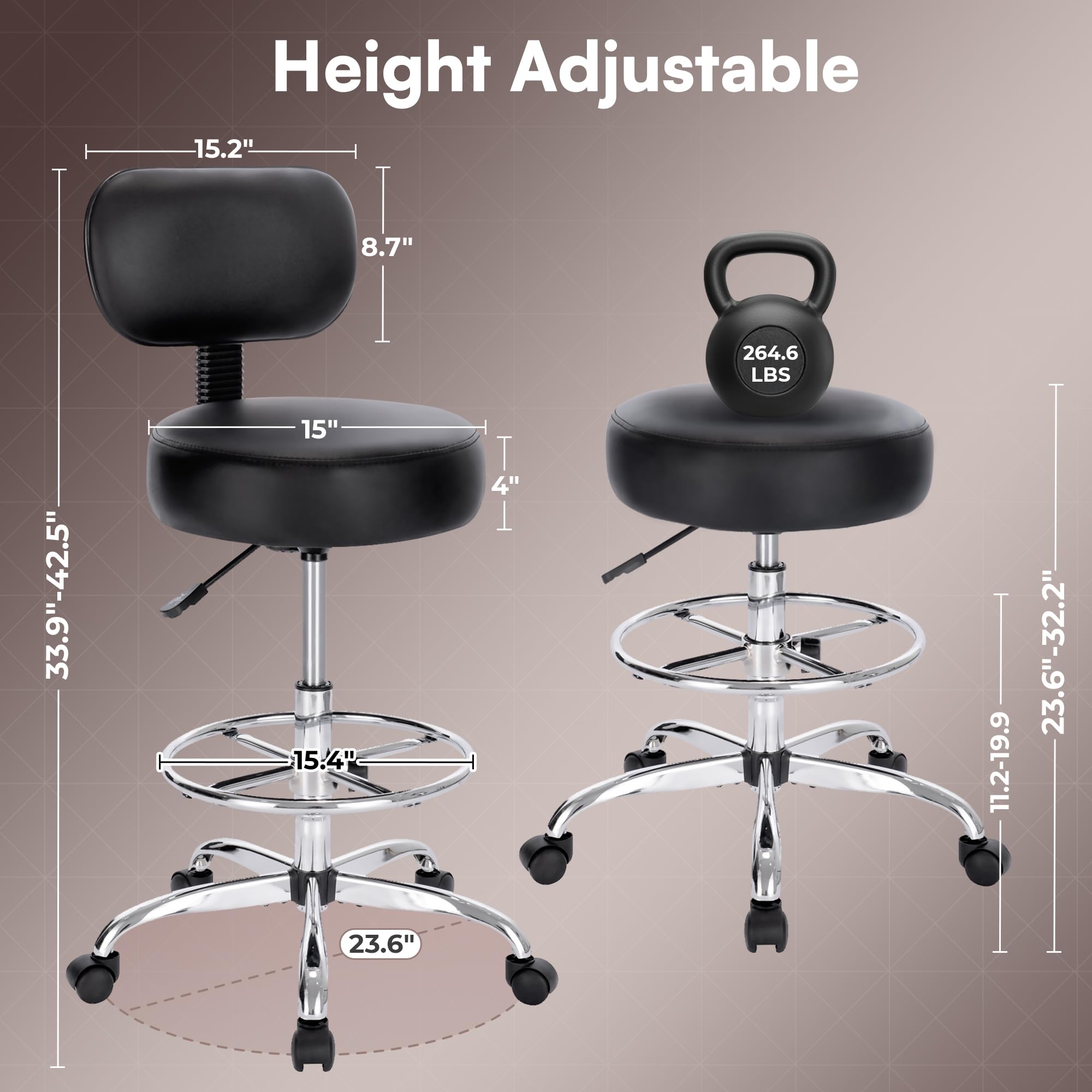 SUPERJARE Drafting Chair with Back Adjustable Foot Rest Rolling Stool Multi-Purpose Office Desk Chair Thick Seat Cushion for — view 3