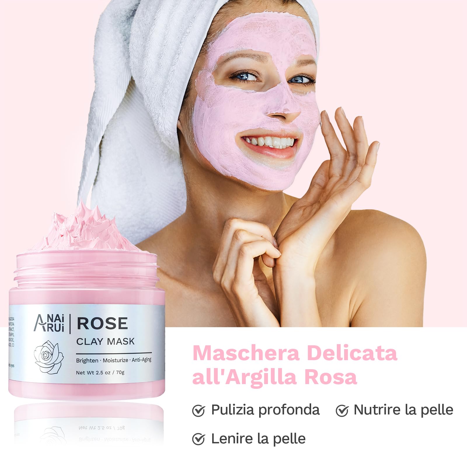 ANAiRUi Maschera Viso Curcuma Vitamina C - Maschera Argilla Viso Rosa - Maschera Fango e Tè Verde Avocado, Rimozione Punti Neri e Pori Dilatati, Pulizia Viso, Purificante e Idratante, 210g