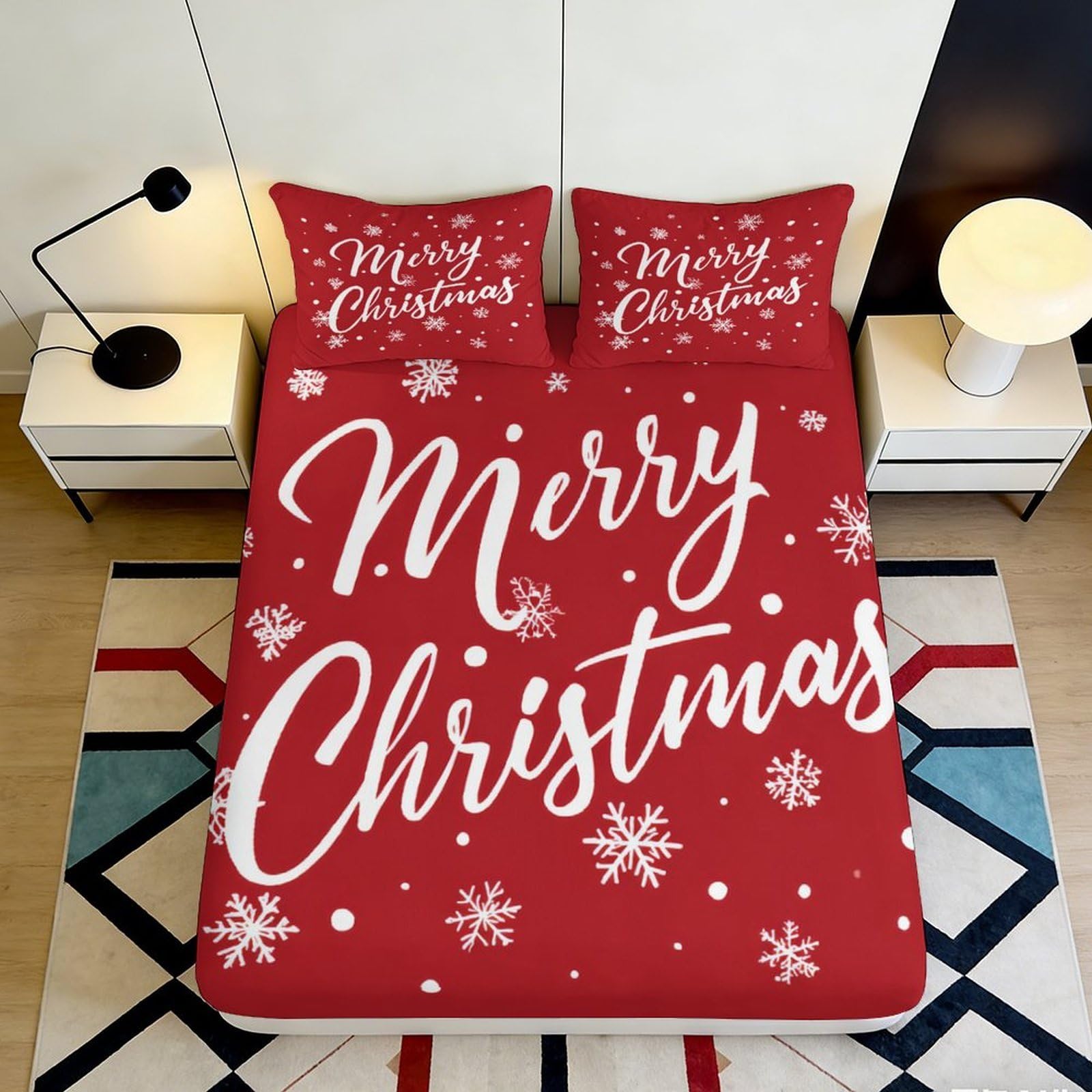3D Printed Merry Christmas Fitted Sheet Microfiber Red Snowflake Mattress Cover Anti-Slip for Bedroom Guest Room Décor Easy Care 90x200x25cm