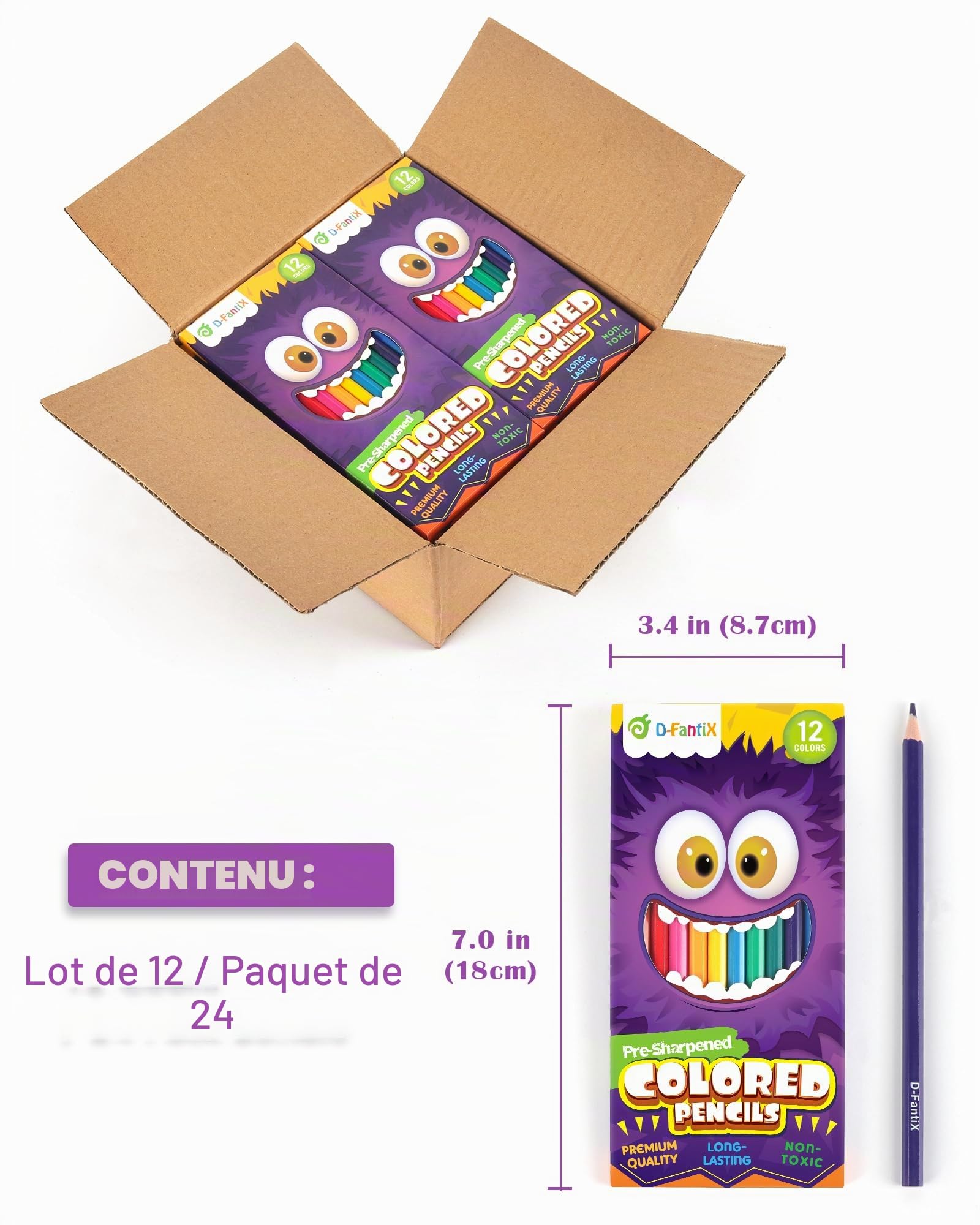 D-FantiX Lot de 288 Crayons de Couleur, 24 Paquets de Couleur Pré-taillés, Cadeaux de Rentrée pour Les étudiants, Fournitures Scolaires pour Les Enfants, Garçons et Filles