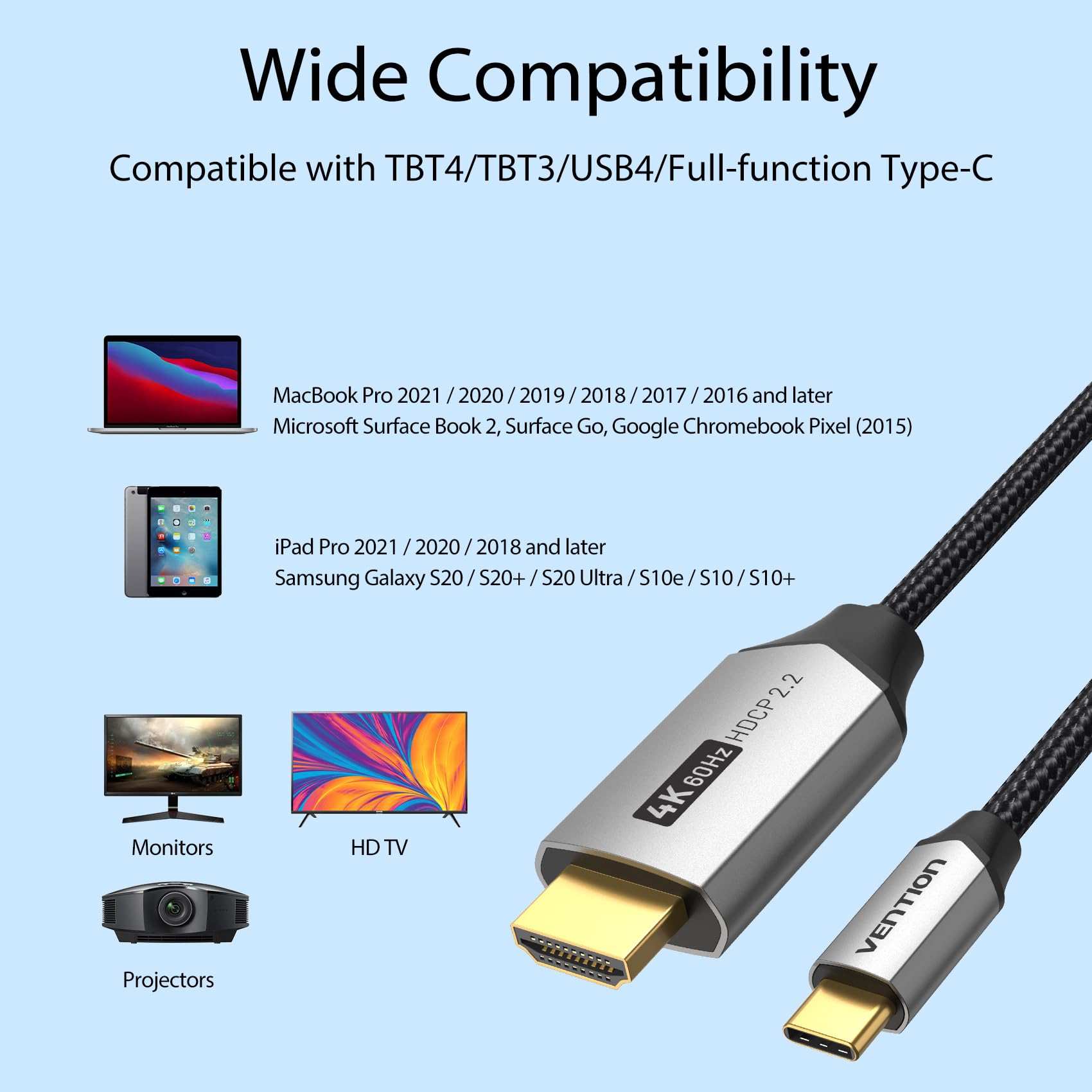 VENTION Câble USB C vers HDMI, 1,5 m, Coverter Type C 4K Thunderbolt 3 vers HDMI, compatible avec iPad Pro, MacBook, Mate 20, Galaxy S9/S8, Surface Book 2/Go et plus encore