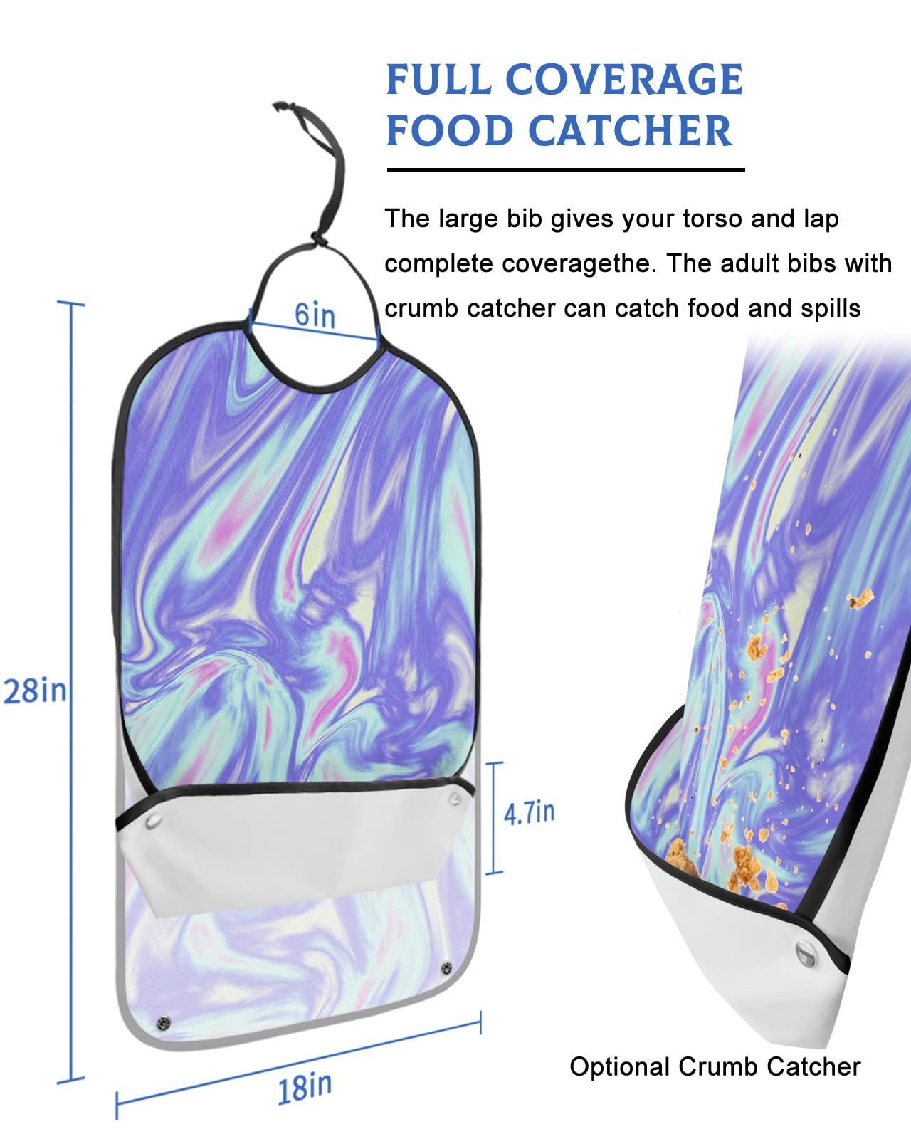Kewadony Adult Bibs for Elderly Women - Blue Fluid Ombre Waterproof Dining Clothing Protectors with Crumb Catcher for Eating/Feeding, Colorful Gradient Terry Cloth Bib Machine Washable
