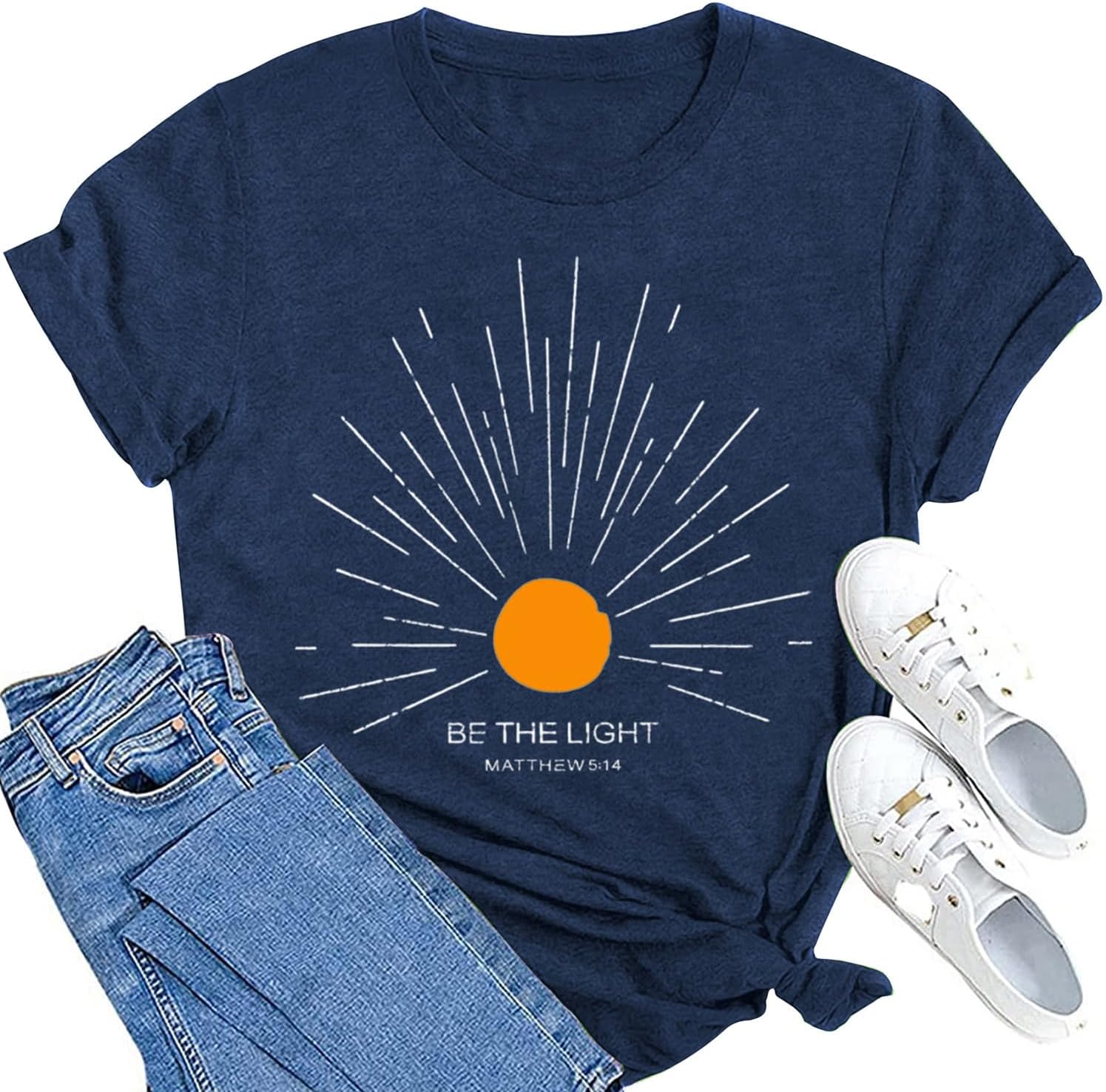 MAIHUN Christian Shirt Womens Be The Light Tshirt Sunburst Vintage Bible Verse Tee Top