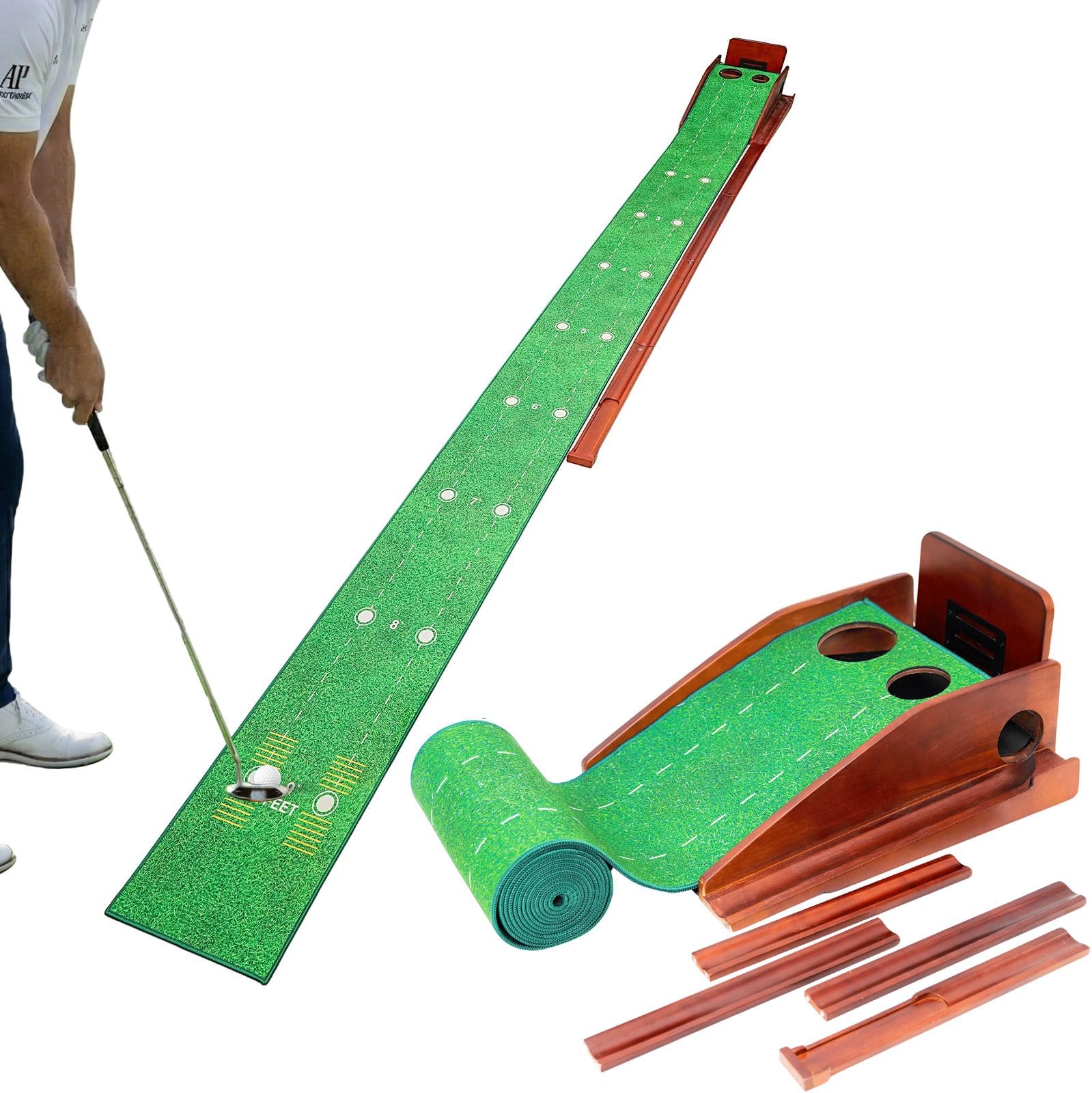 Putting Green Indoor with Three-Level Adjustable Incline, Auto Ball Return - Easy to Fold Solid Wood Base, Golf Training Aid for Home, Office, Backyard - Golf Putting Mat for Men - PM006