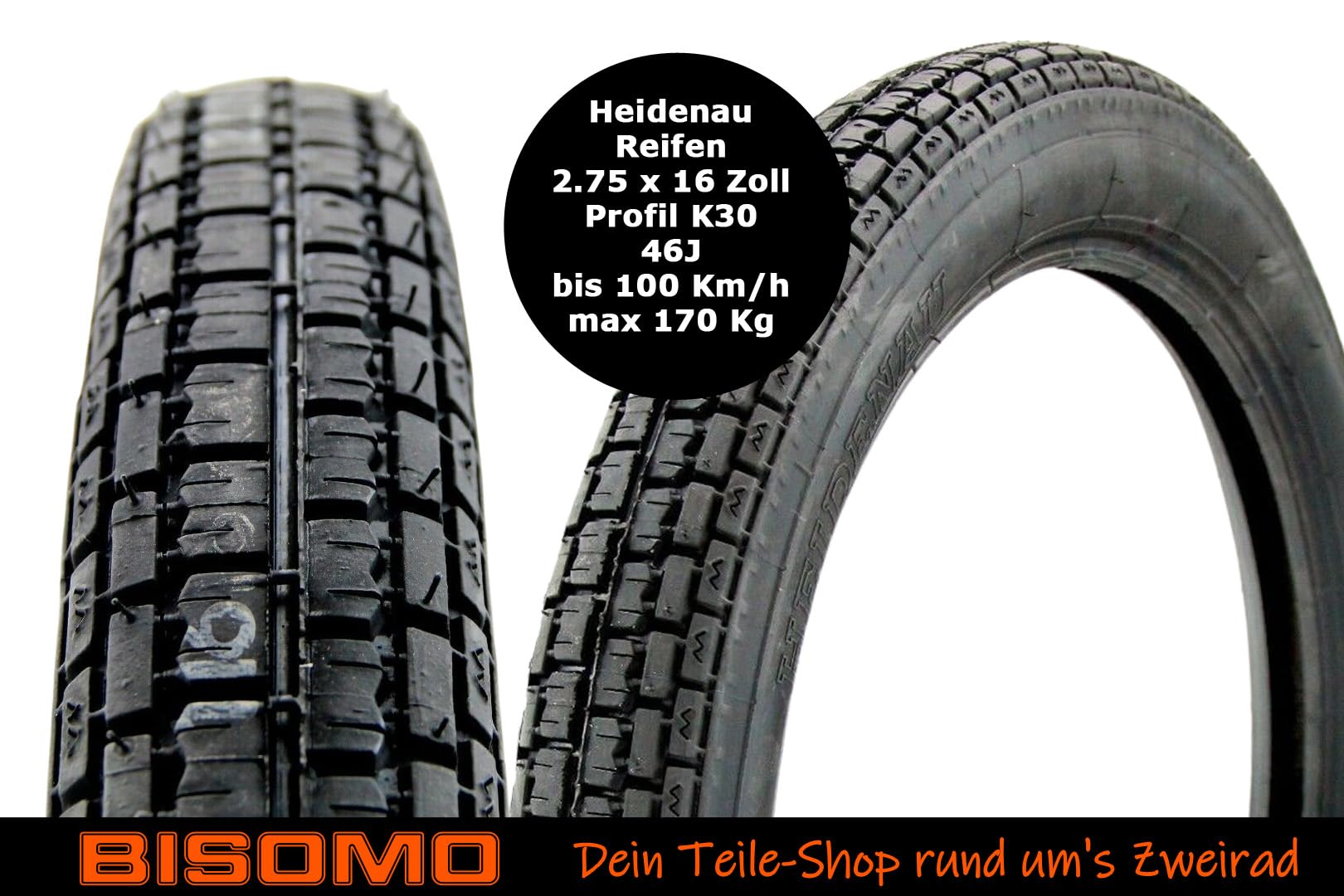 Reifen 2.75 x 16 Zoll K30 46J bis 100Km/h M/C Reinforced, für Simson S50, S51, S70, S53, KR51, SR4-2, SR4-3, SR4-4, hergestellt mit Heidenau