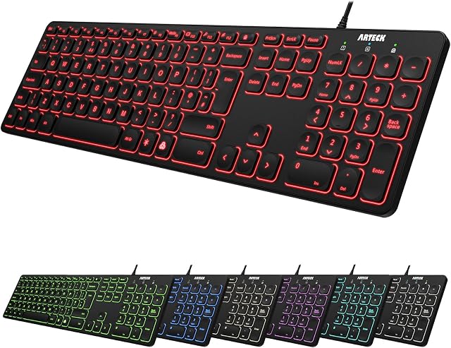 Arteck USB Wired Keyboard Universal Backlit 7-Colors & Adjustable Brightness Full Size Keyboard with 4 Feet Wire, Numeric Keypad and Media Hotkey for Computer Desktop PC Laptop and Windows 11 10 8 7