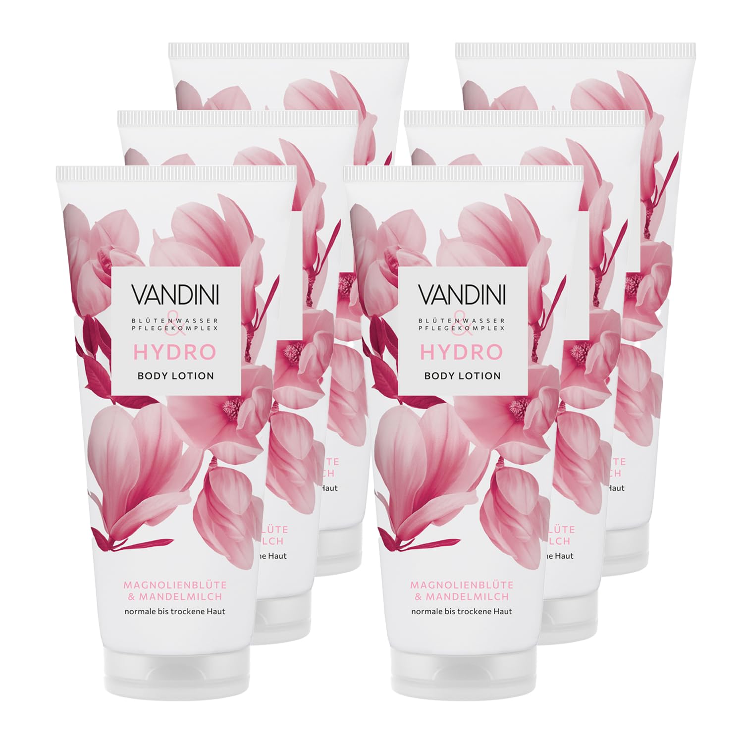 VANDINI 6 x HYDRO balsam do ciała damski, 200 ml, z kwiatem magnolii i mlekiem migdałowym – pielęgnujący balsam do ciała do skóry normalnej i suchej – wegański, bez parabenów i silikonów, Made in