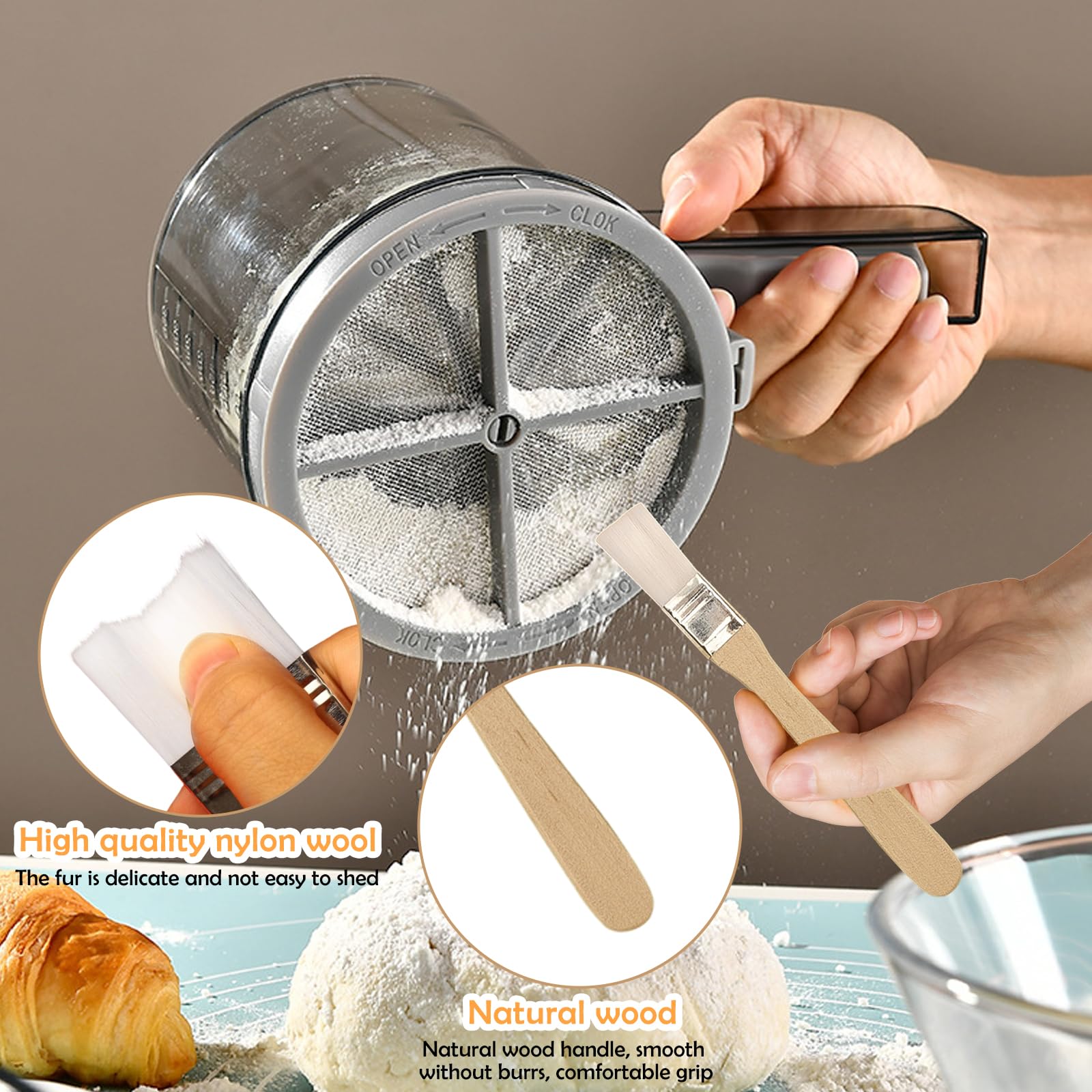 Setaccio Farina in Acciaio Inox con Doppio Filtro Fine, Setaccio a Una Mano con Scala Graduata, Colino Manuale per Farina, Zucchero a Velo, Cacao, Spezie