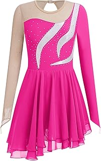 Ice Skating Dress for Women Long Sleeve Figure Skating Costume Rhythmic Gymnastics Leotard Sparkly Chiffon Skirt - Buy now