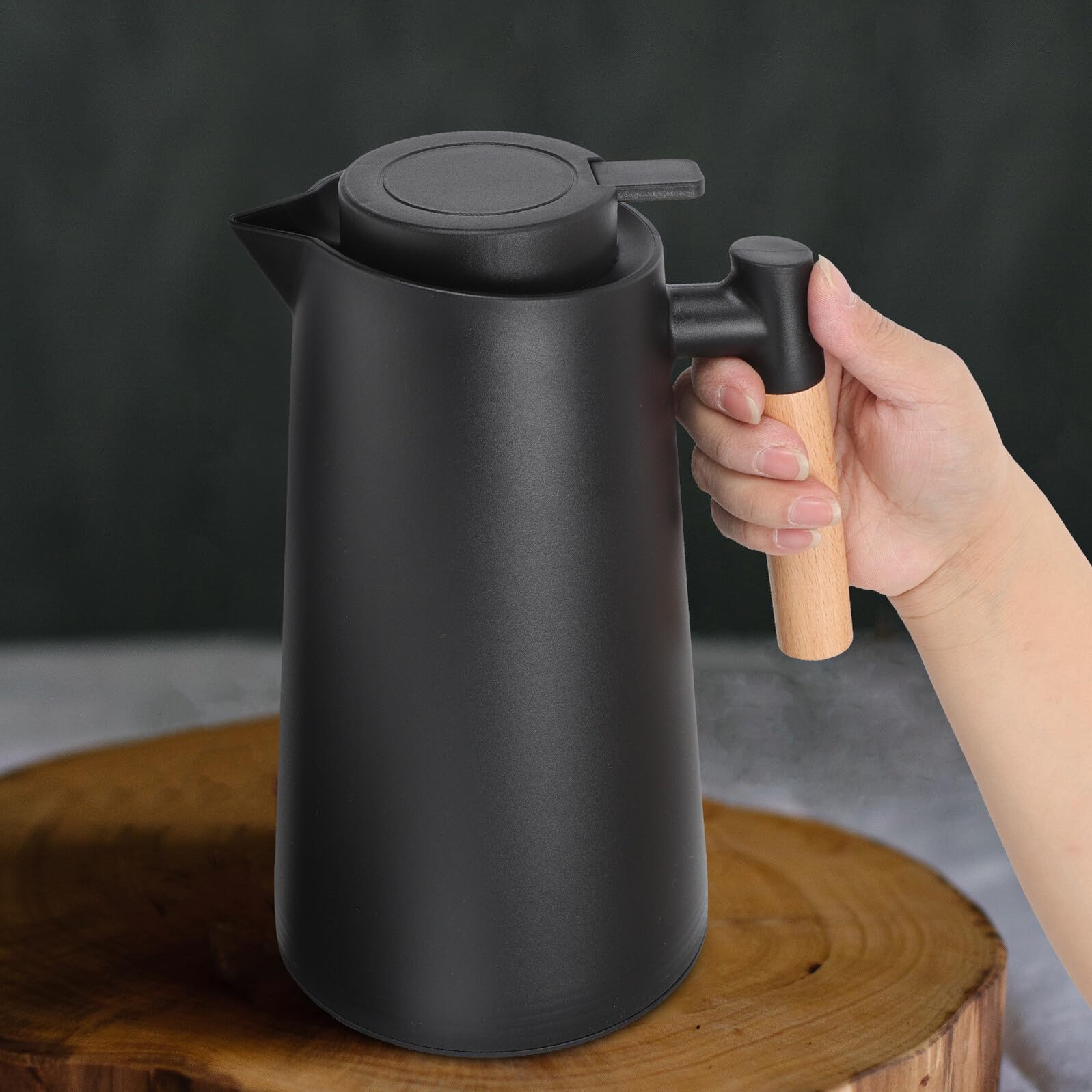 Homoyoyo Isolierte Kaffeekanne mit Holzgriff Vakuum Wasserkocher aus Glas Warmhaltekanne für Zuhause Büro und Outdoor